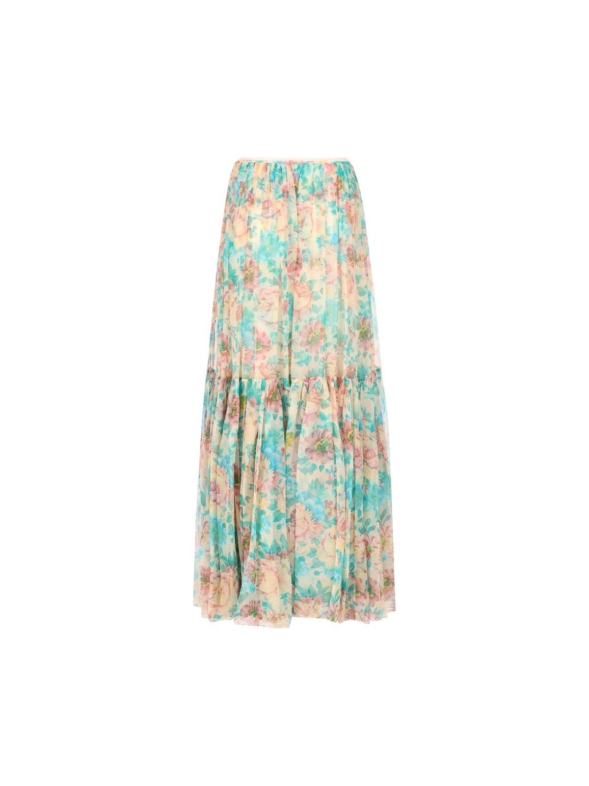 Chloé Pleated Tiered Floral-print Silk-chiffon Maxi Skirt