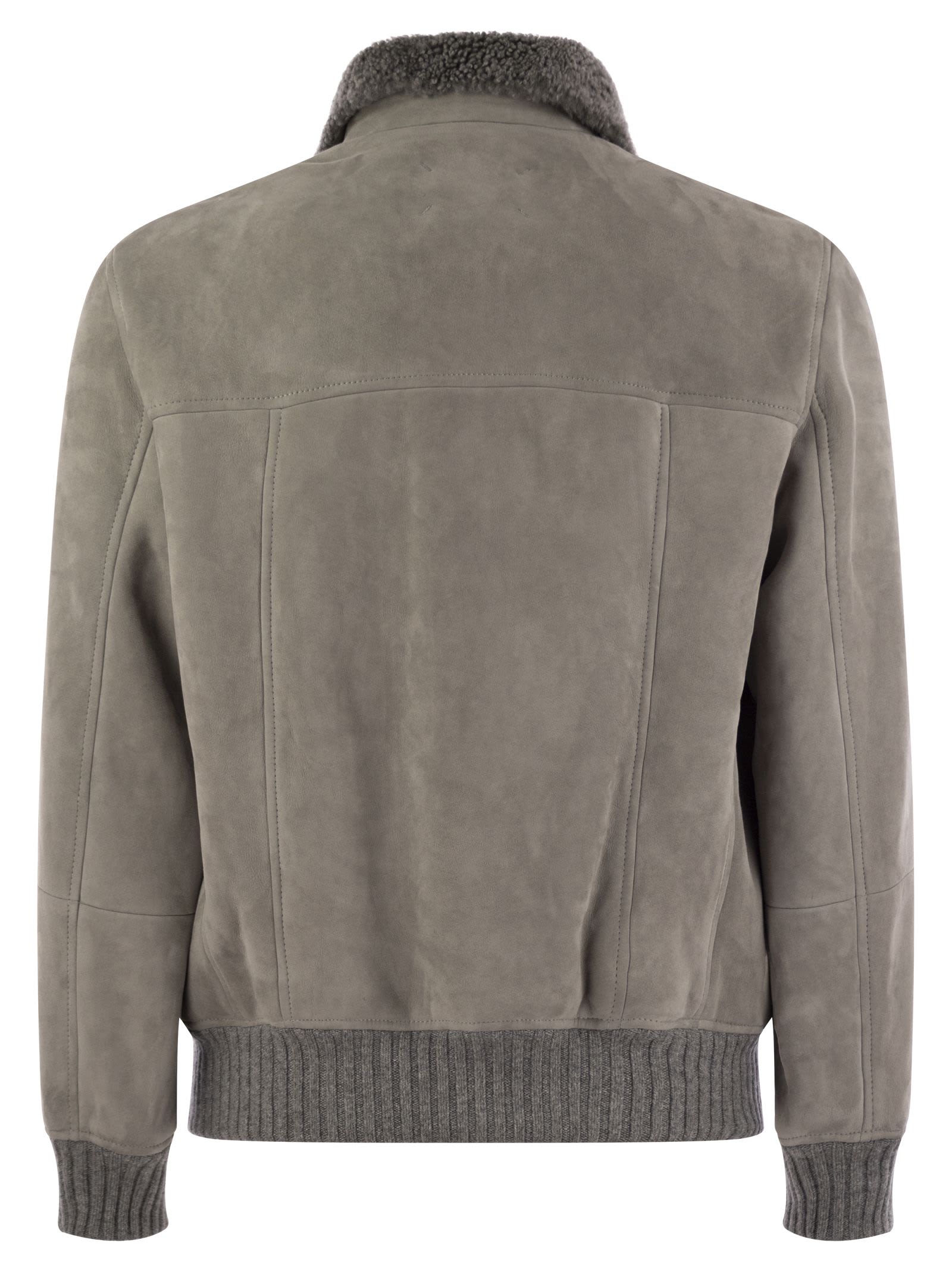 Brunello Cucinelli Sheepskin Bomber Jacket With Wool Details In Grey