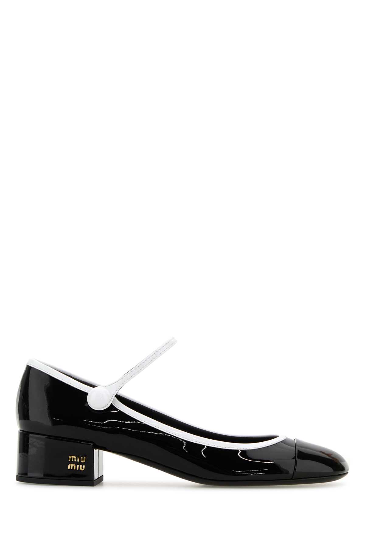 Miu Miu Leather Block Heel Pumps With Patent Finish In Nerobianco