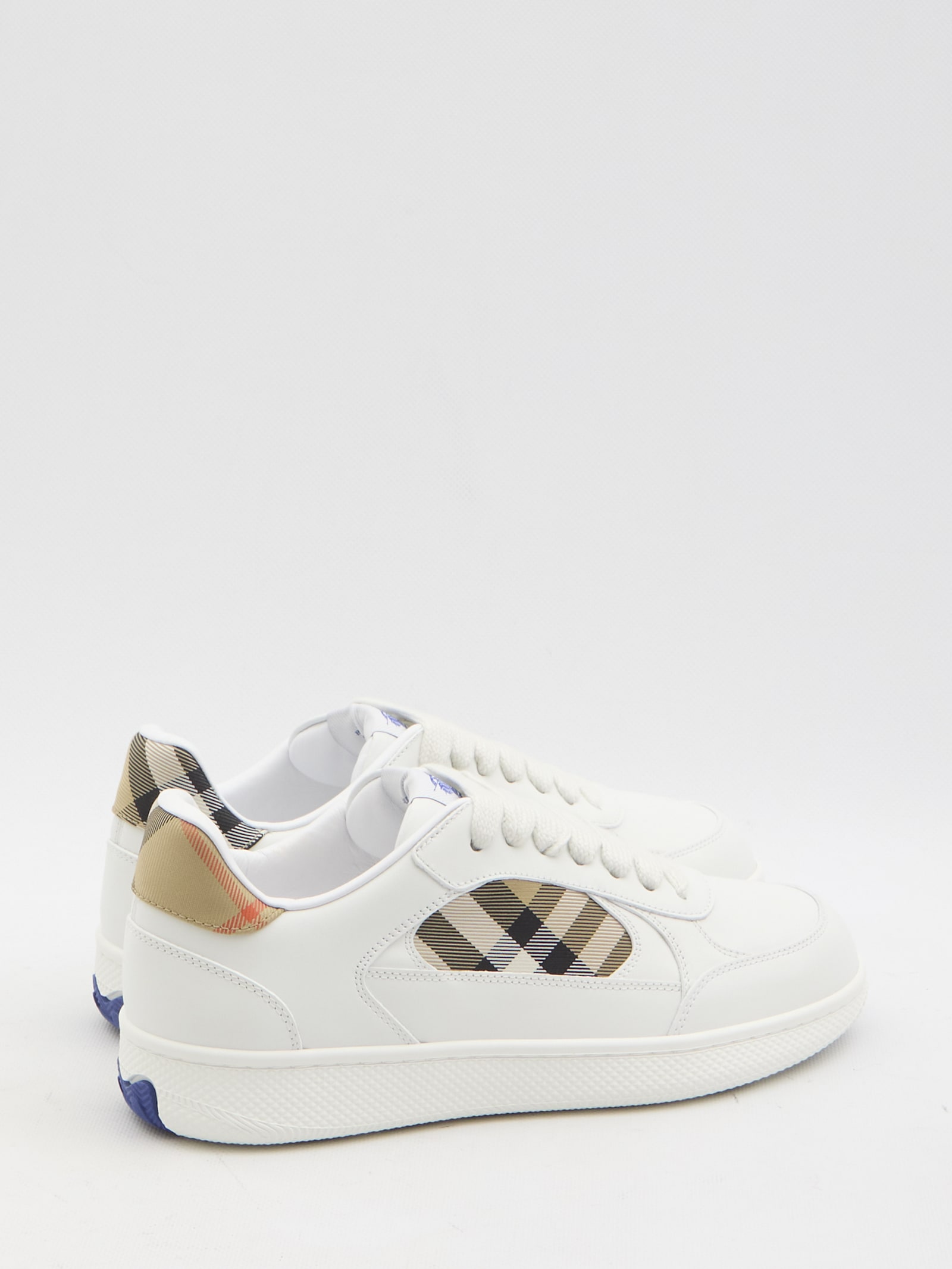 Burberry Men Low-top Leather Sneakers With Check Inserts In White