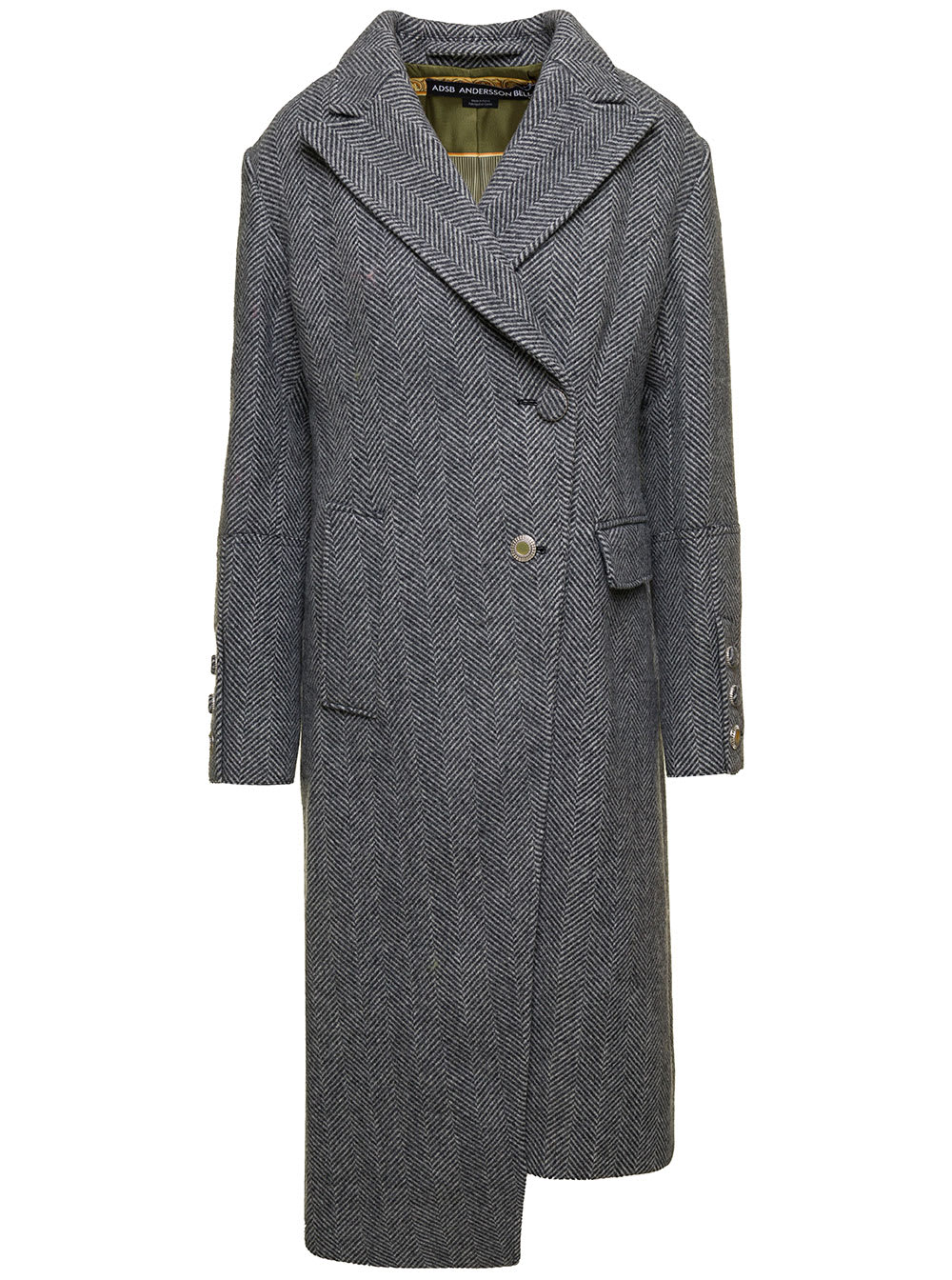 enya Grey Asymmetric Double-breasted Coat With Herringbone Pattern In Wool Woman