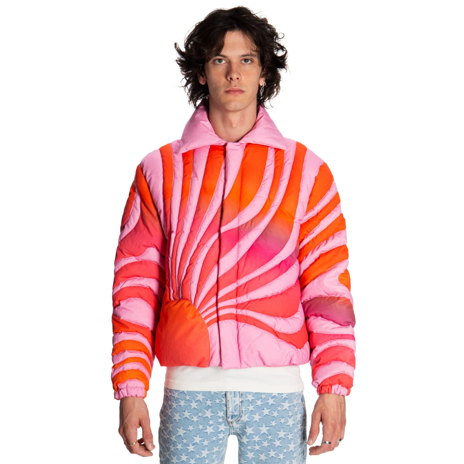 Erl Unisex Sunset Puffer Coat Woven In Orange,pink | ModeSens