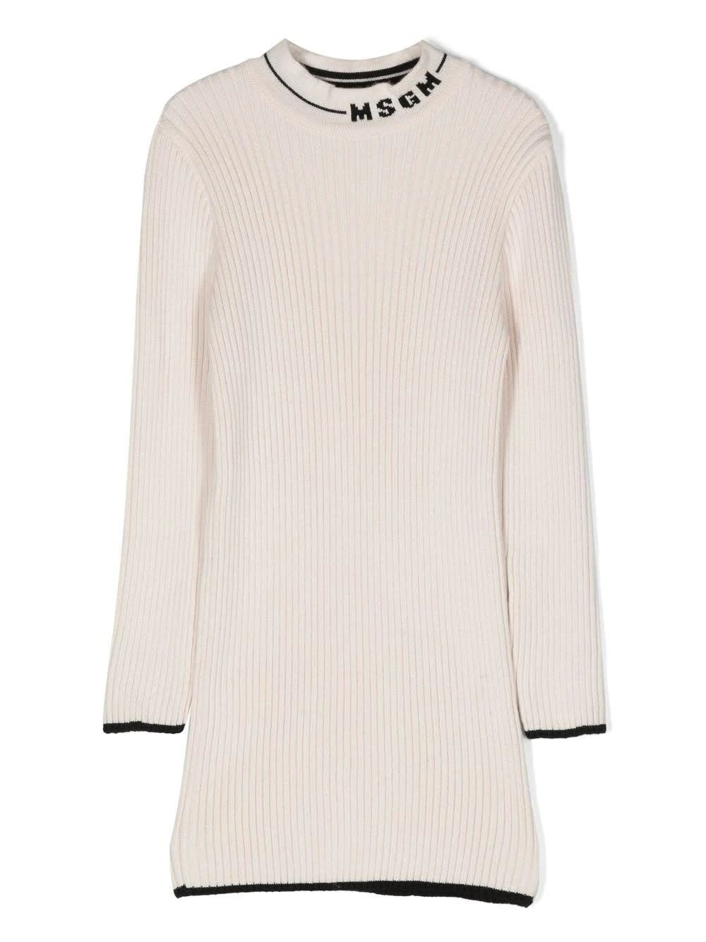 MSGM Kids Cream Ribbed Dress With Logo On The Neck