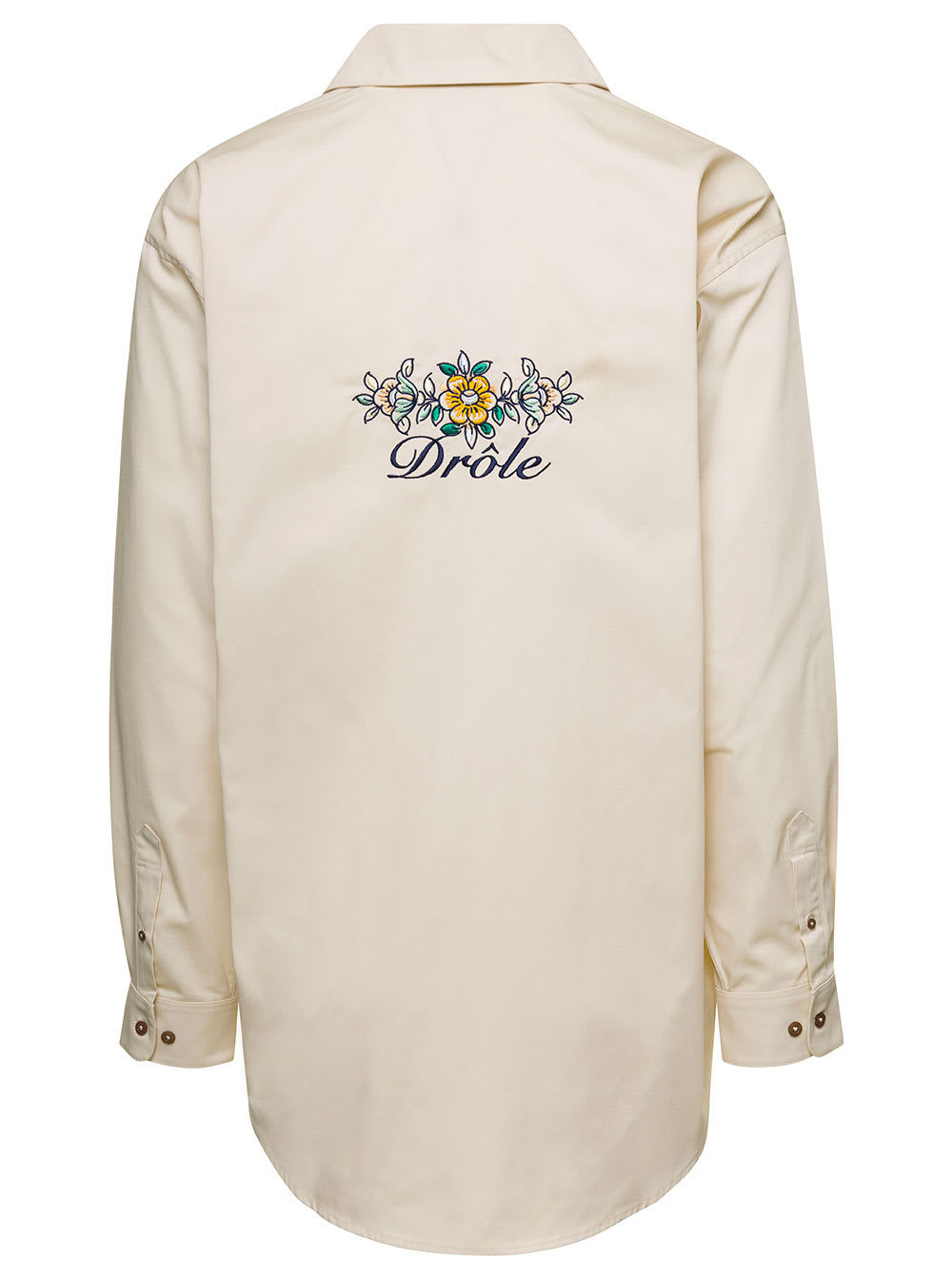 Shop Drôle De Monsieur Beige Shirt With Drôle Fleurie Embroidery On Cuffs And Back In Cotton Man