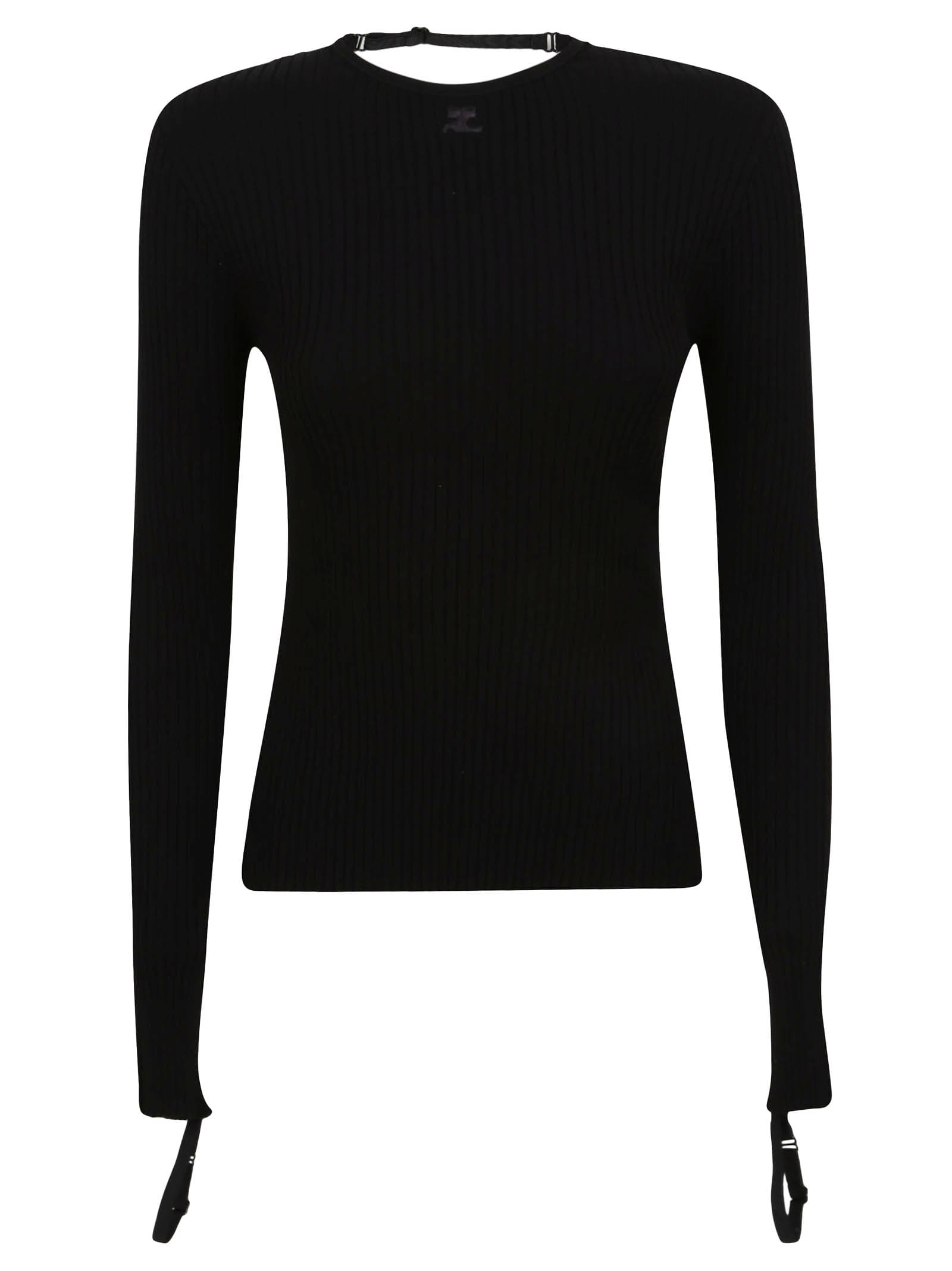 Courrèges Embroidered Logo Mock Neck Rib Sweater In Black
