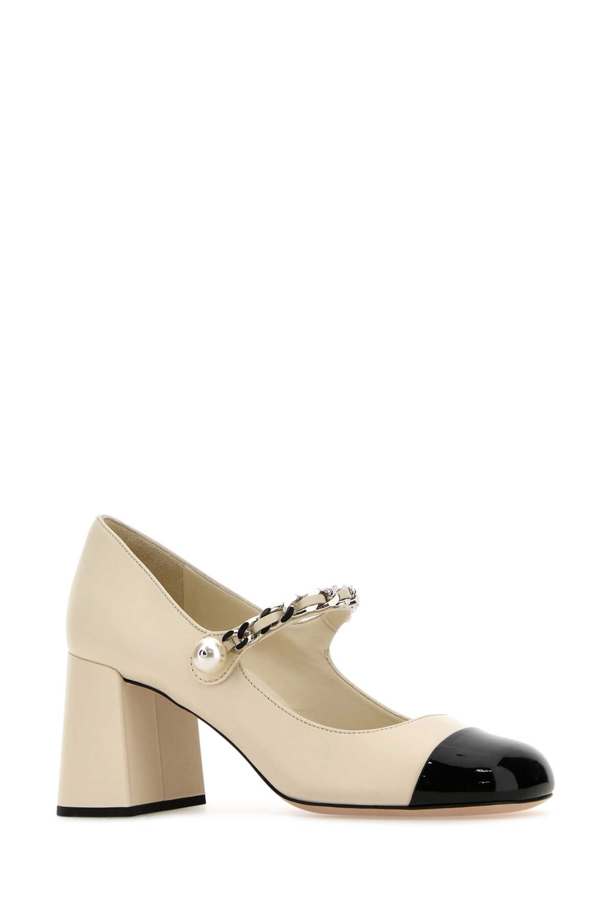 Shop Miu Miu Ivory Leather Pumps In Avorionero