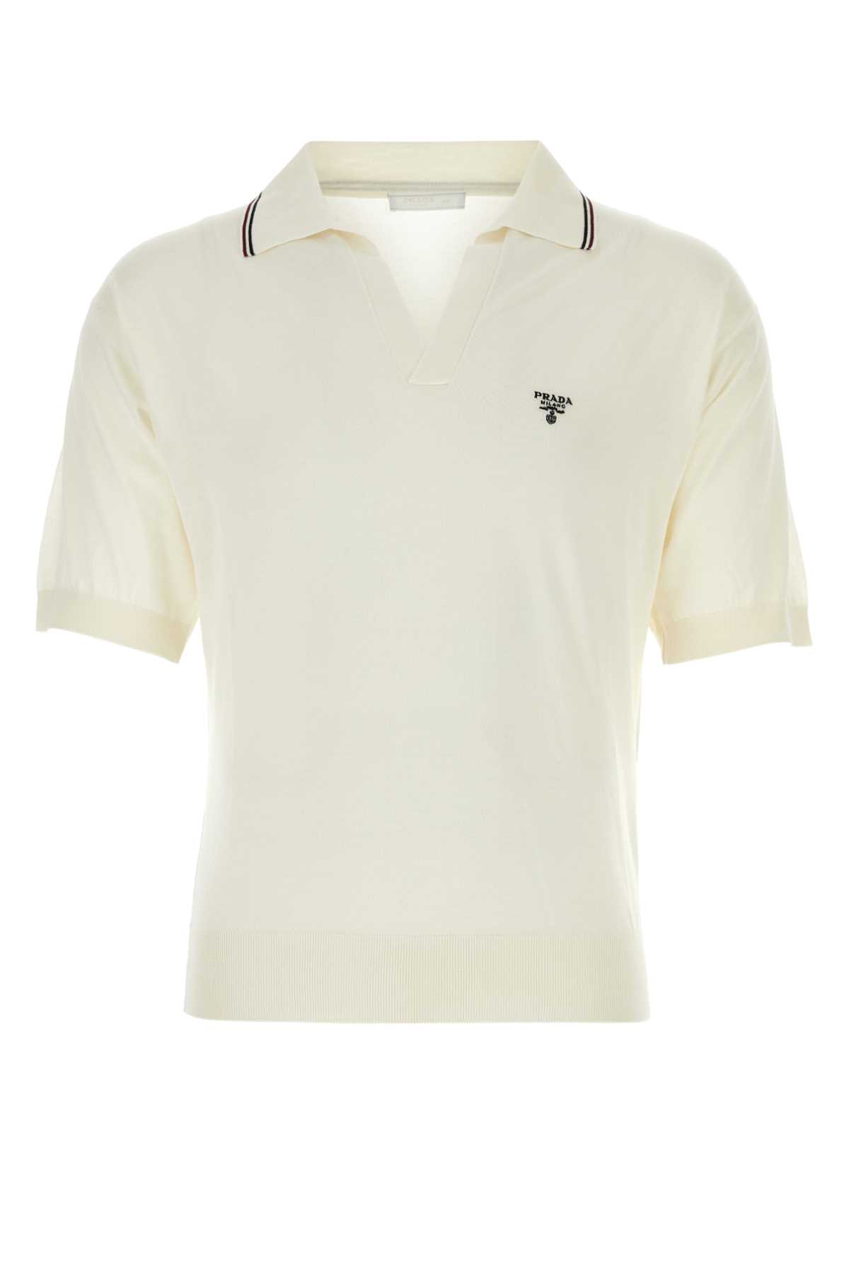 Shop Prada Ivory Silk Blend Polo Shirt In Bianco