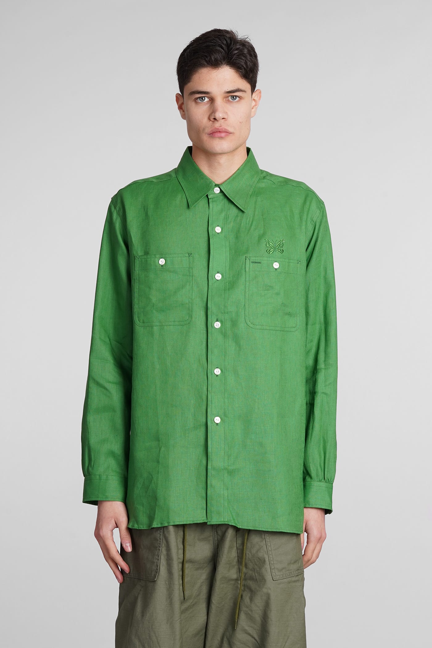 Shop Needles Shirt In Green Linen