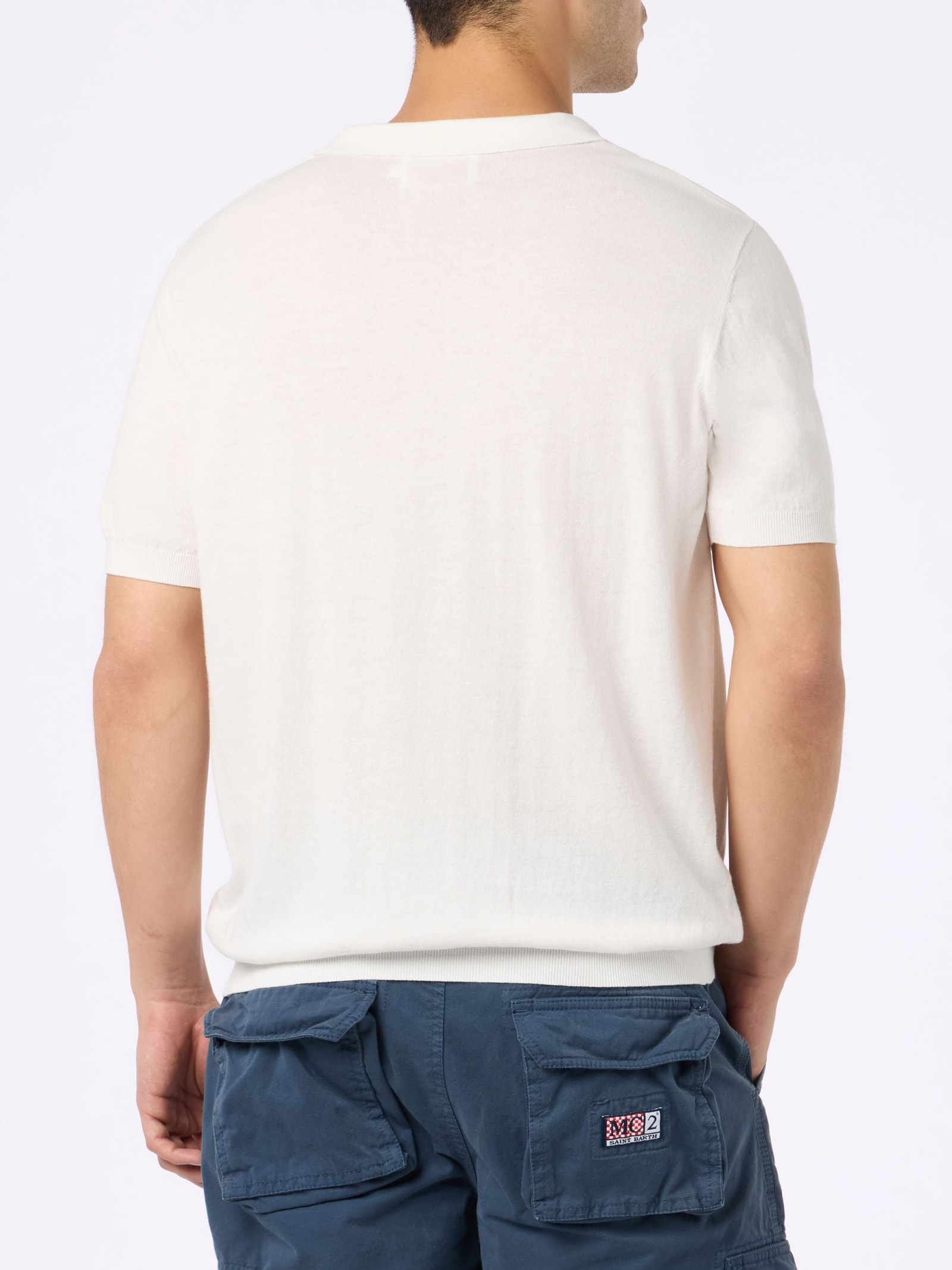 Mc2 Saint Barth Man Off-cream Knitted Polo Shirt Sloan In White
