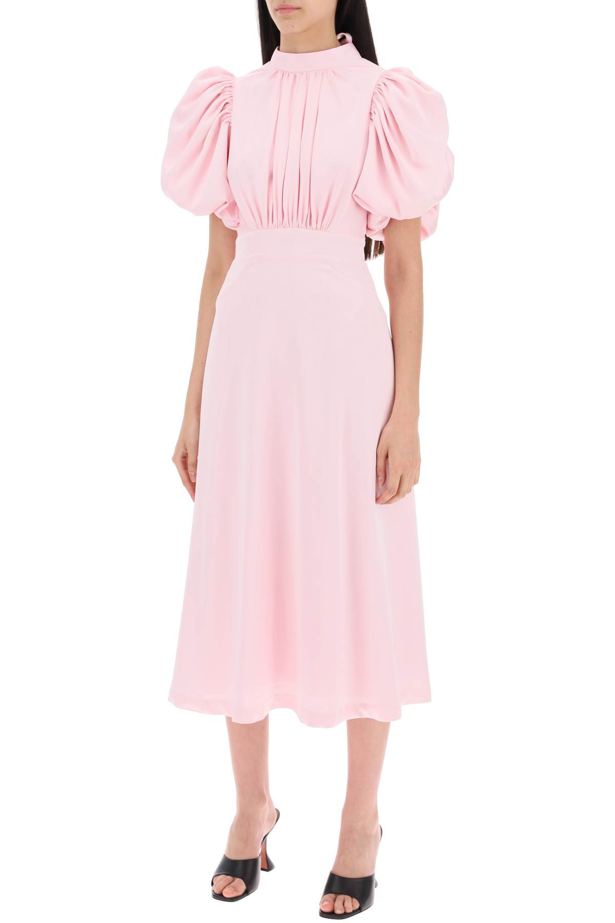 Shop Rotate Birger Christensen Midi Satin Dress With Balloon Sleeves In Blushing Bride (pink)