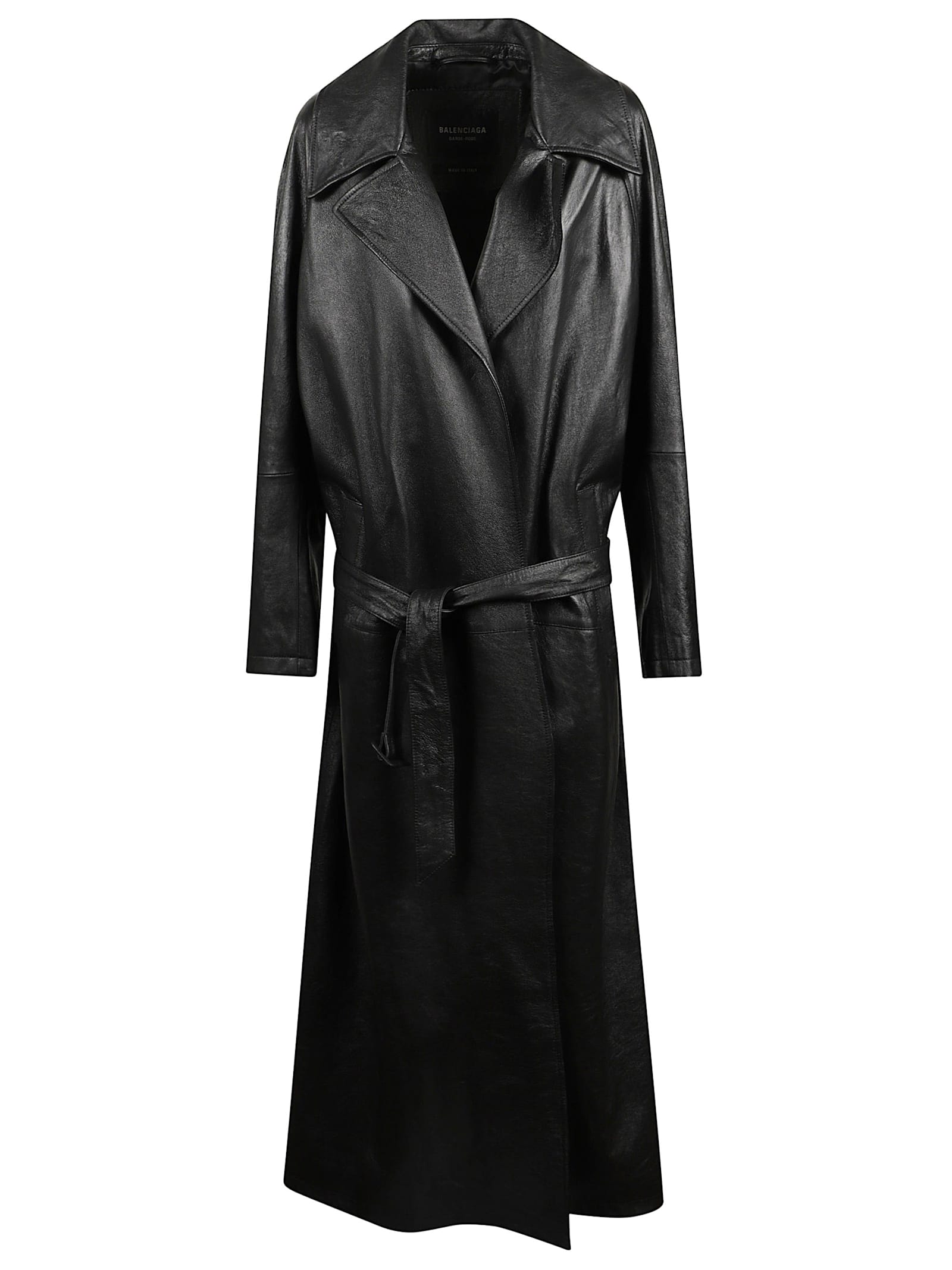 Balenciaga Leather Trench Coat In Black