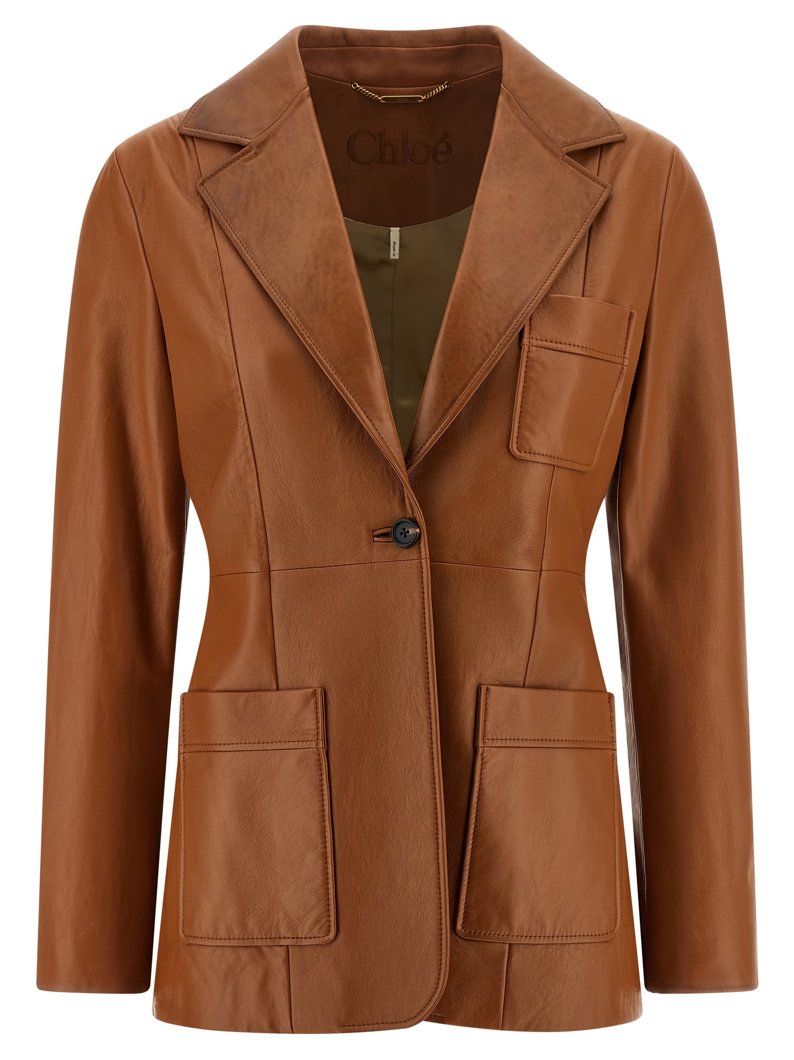 Chloé Structured Leather Blazer Notched Lapel In Brown