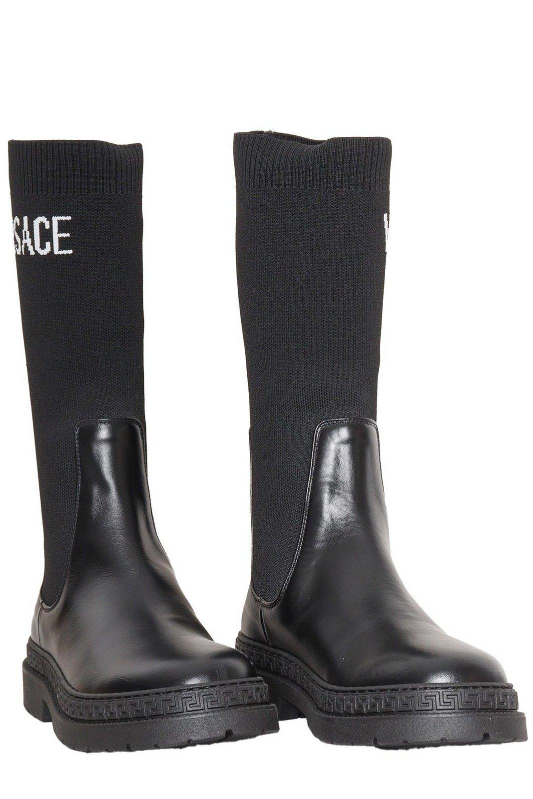 Shop Versace Logo Intarsia Round Toe Boots In Nero