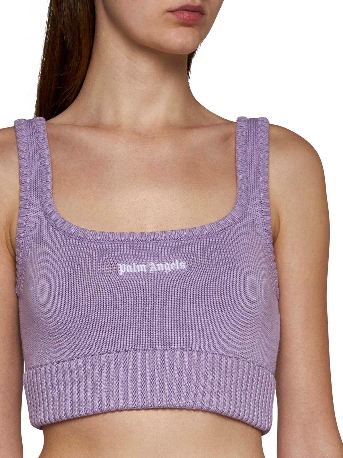 Shop Palm Angels Logo Embroidered Knit Cropped Top