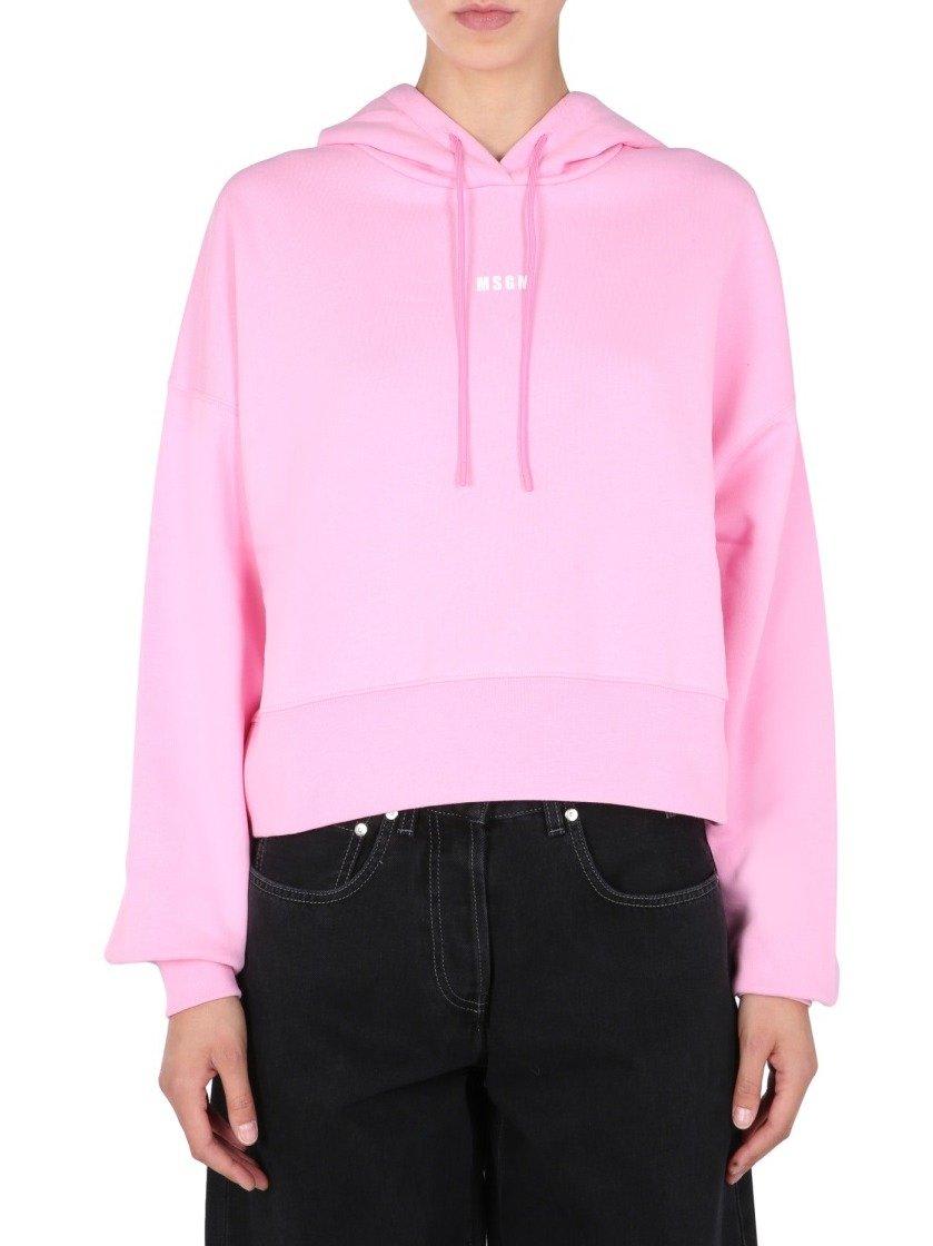 Shop Msgm Logo Printed Drawstring Hoodie In Pink