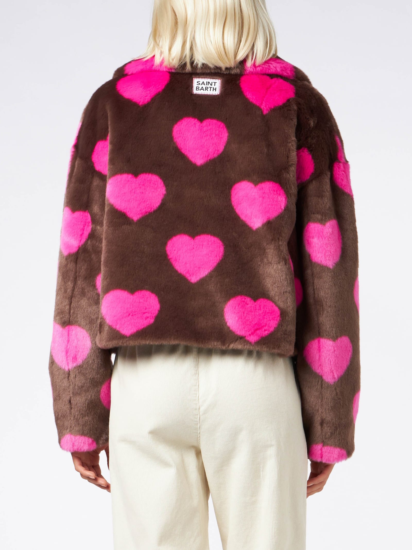 Mc2 Saint Barth Woman Furry Short Jacket With Heart Print In Brown