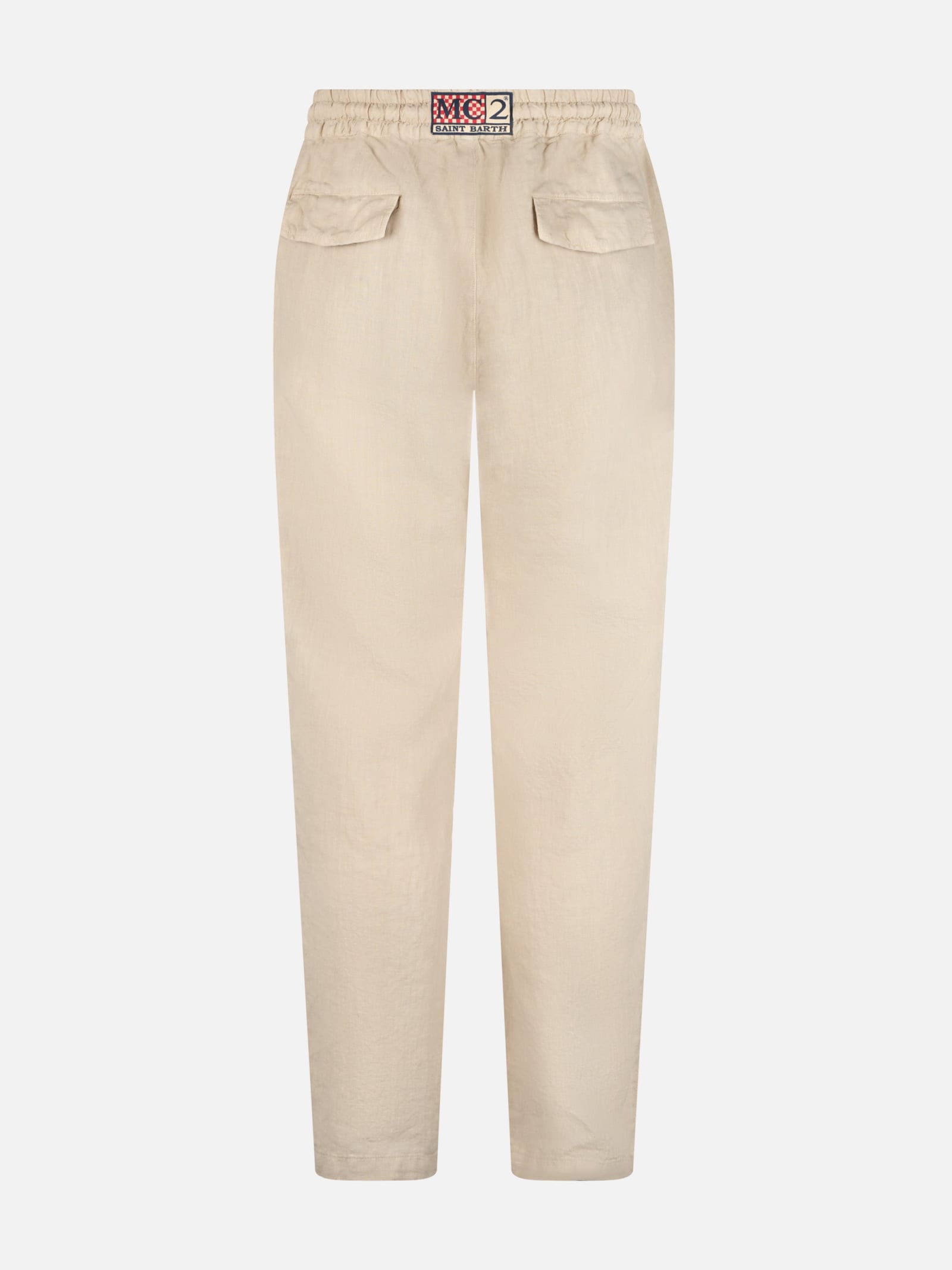 Mc2 Saint Barth Man Off-white Linen Calais Pants With Drawstring In White