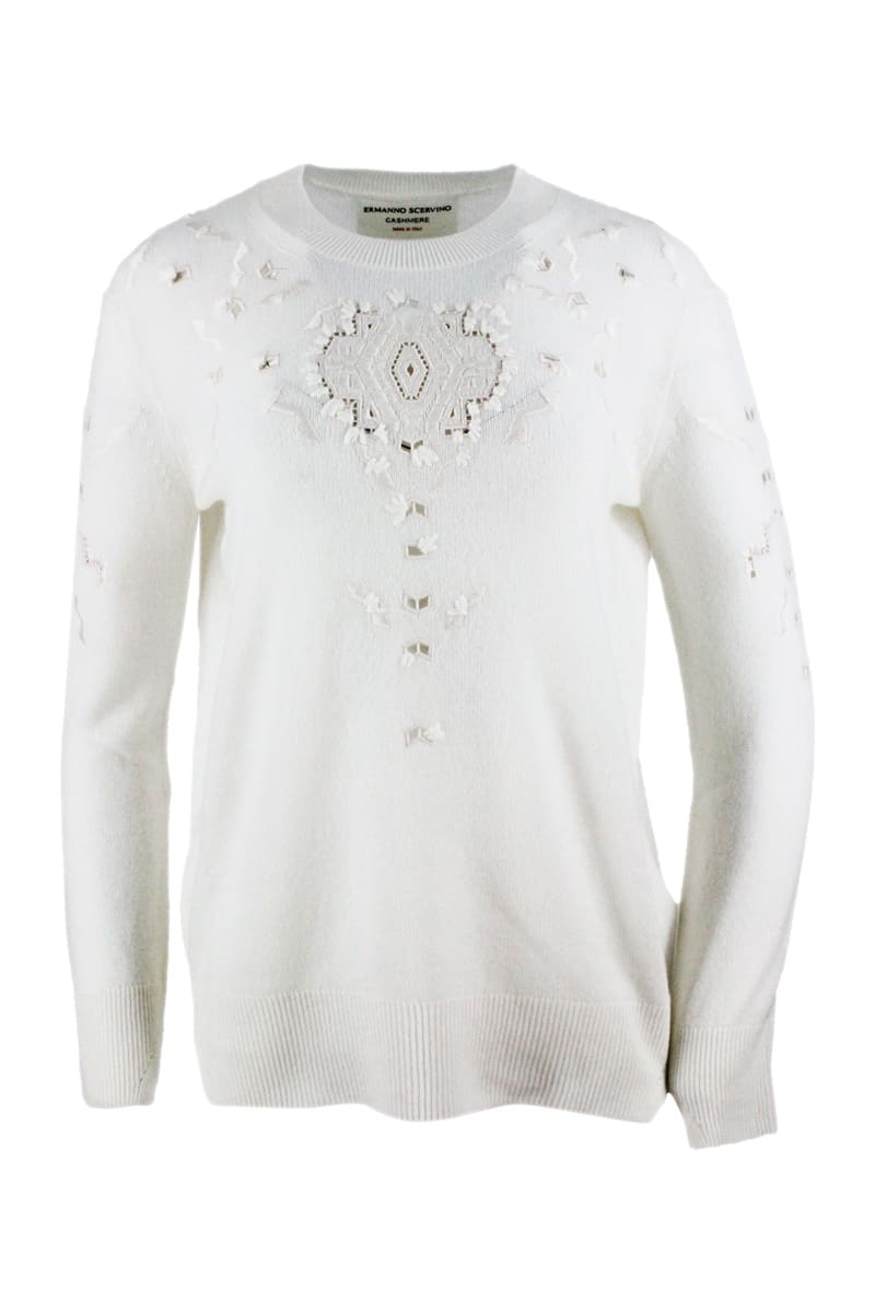 Ermanno Scervino Long-sleeved Crewneck Sweater In Cashmere With Embroidery