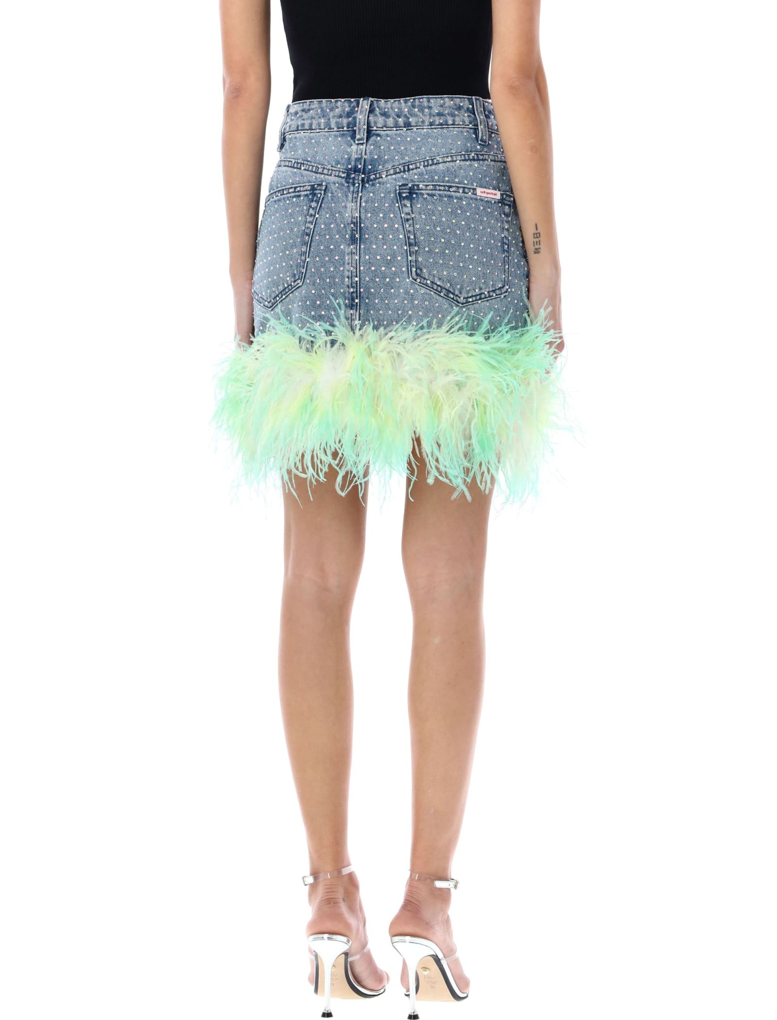 Shop Self-portrait Rhinstone Feather Denim Mini Skirt In Light Blue