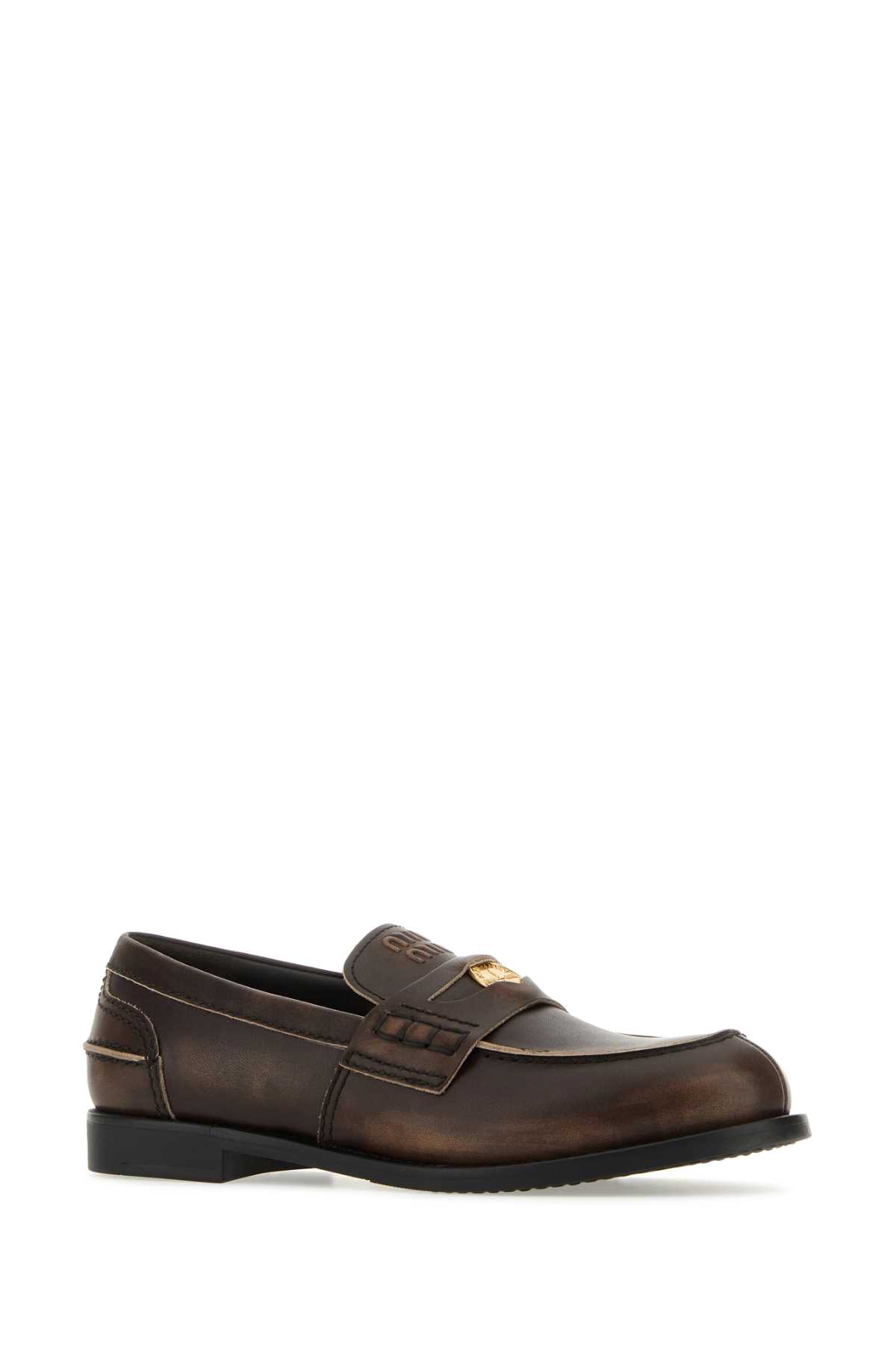 Miu Miu Logo Embossed Calf Leather Loafers In Brown