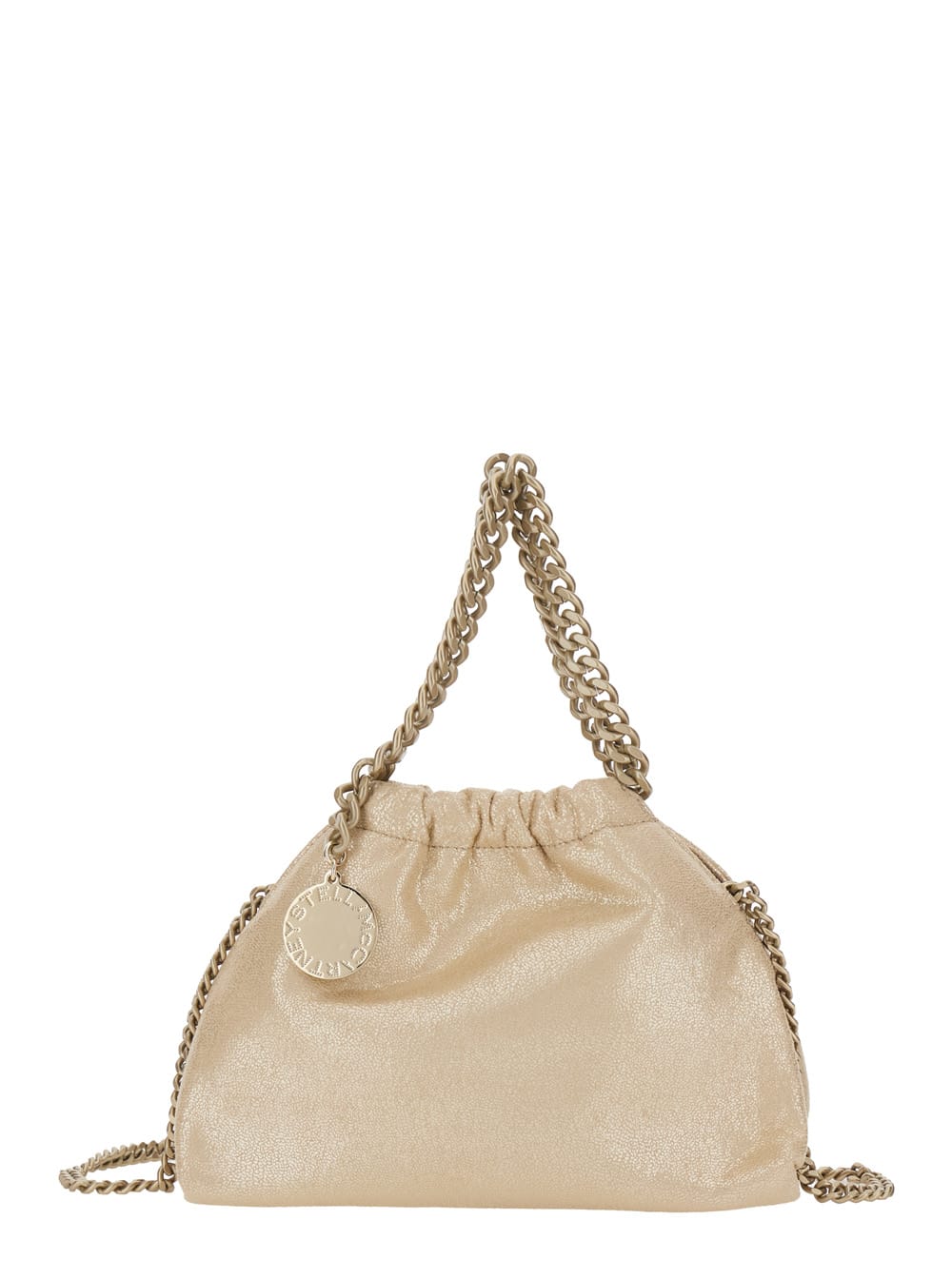 Stella Mccartney Falabella Metallic Crossbody Bag With Chain-link Shoulder Strap And Logo Charm On The Front In Ecole In Neutral