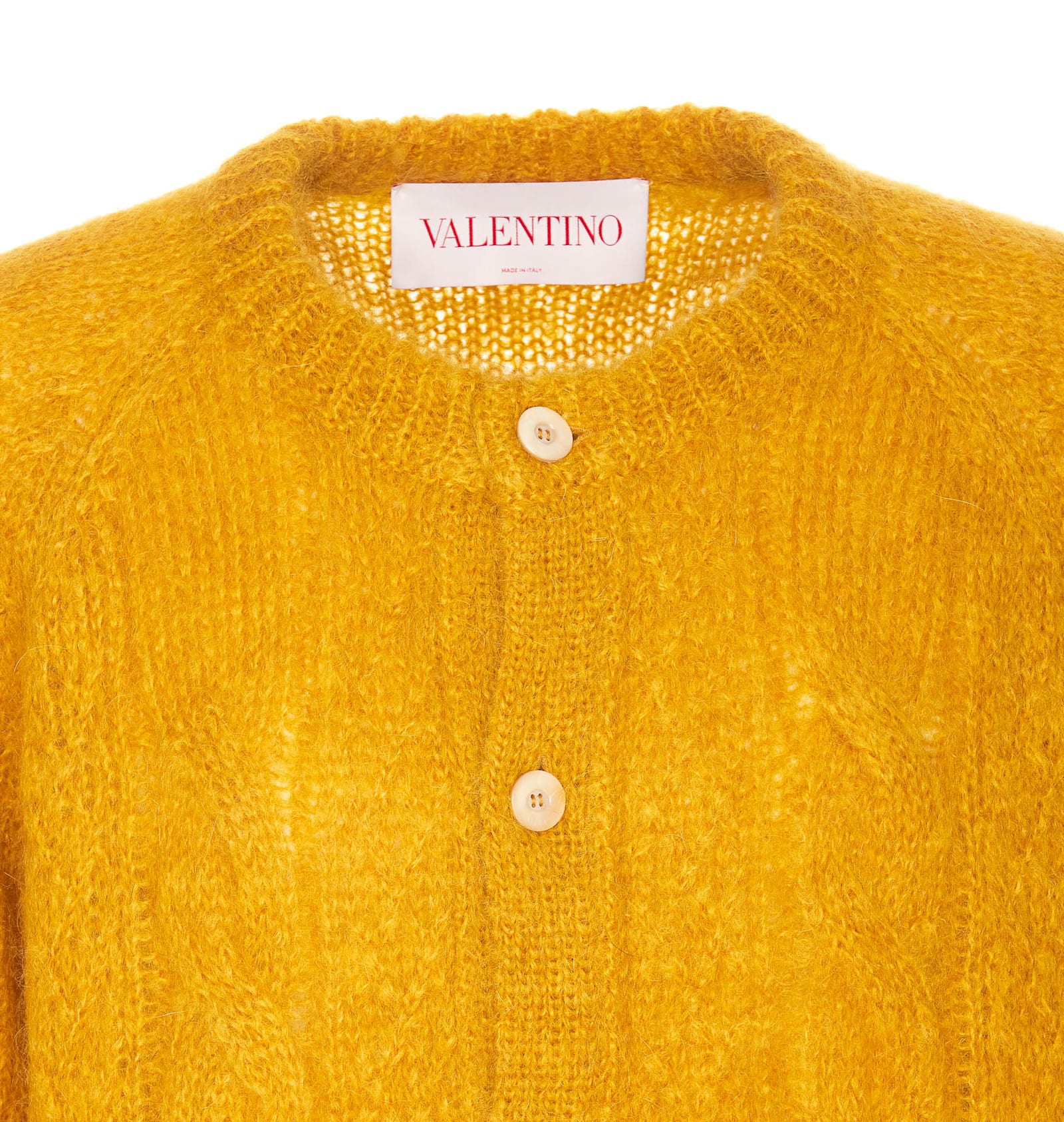 Valentino Mens Patch-pocket Mohair-blend Cable Knit Cardigan Ocra In Yellow