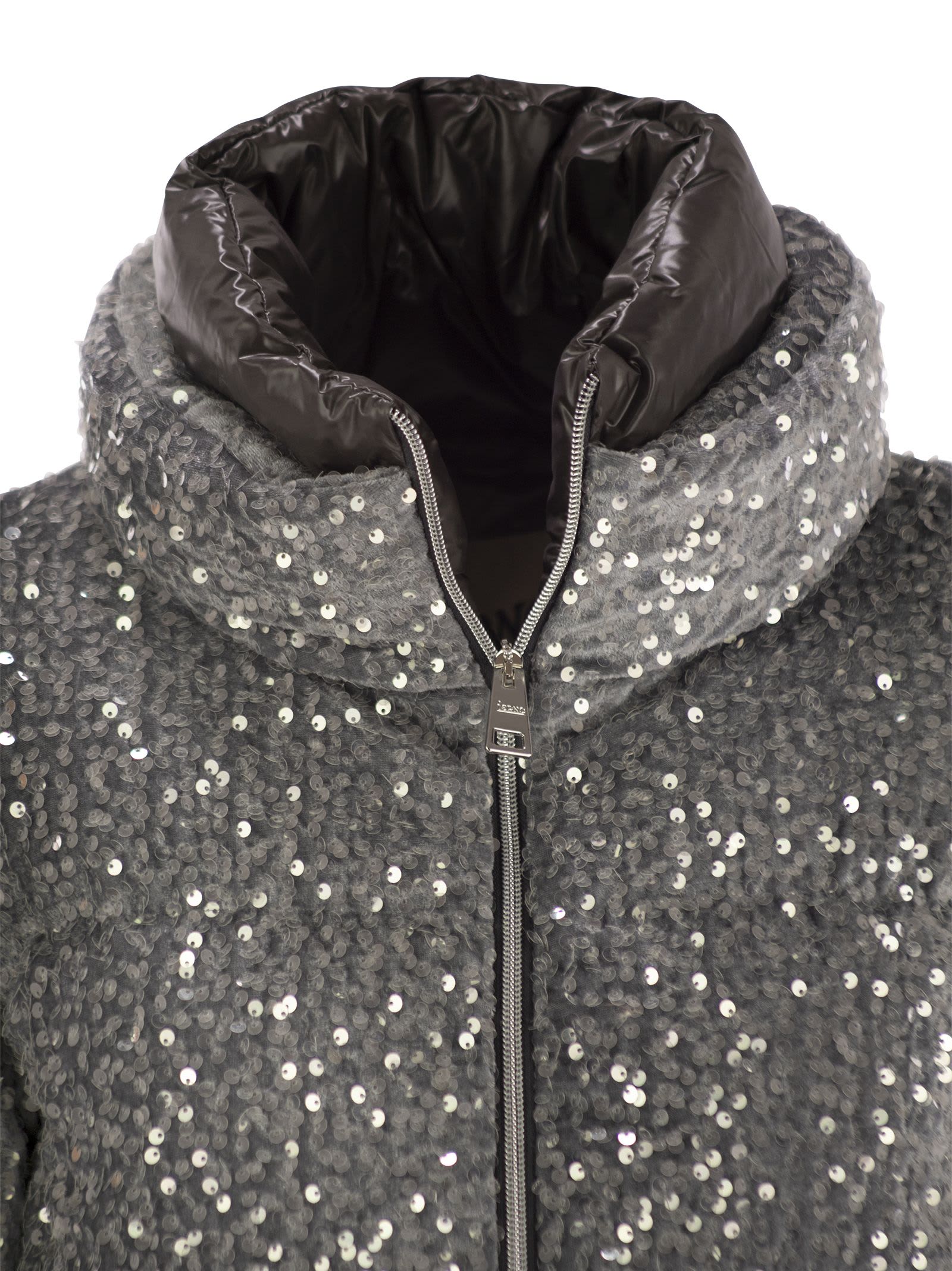 Shop Herno Short Down Jacket With Sequins In Grey