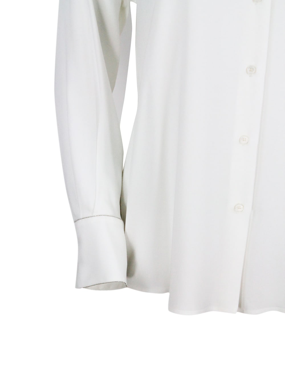 Shop Fabiana Filippi Long-sleeved Shirt In Viscose Satin With An Oversized And Elongated Line Trimmed With Rows Of Brilli In White