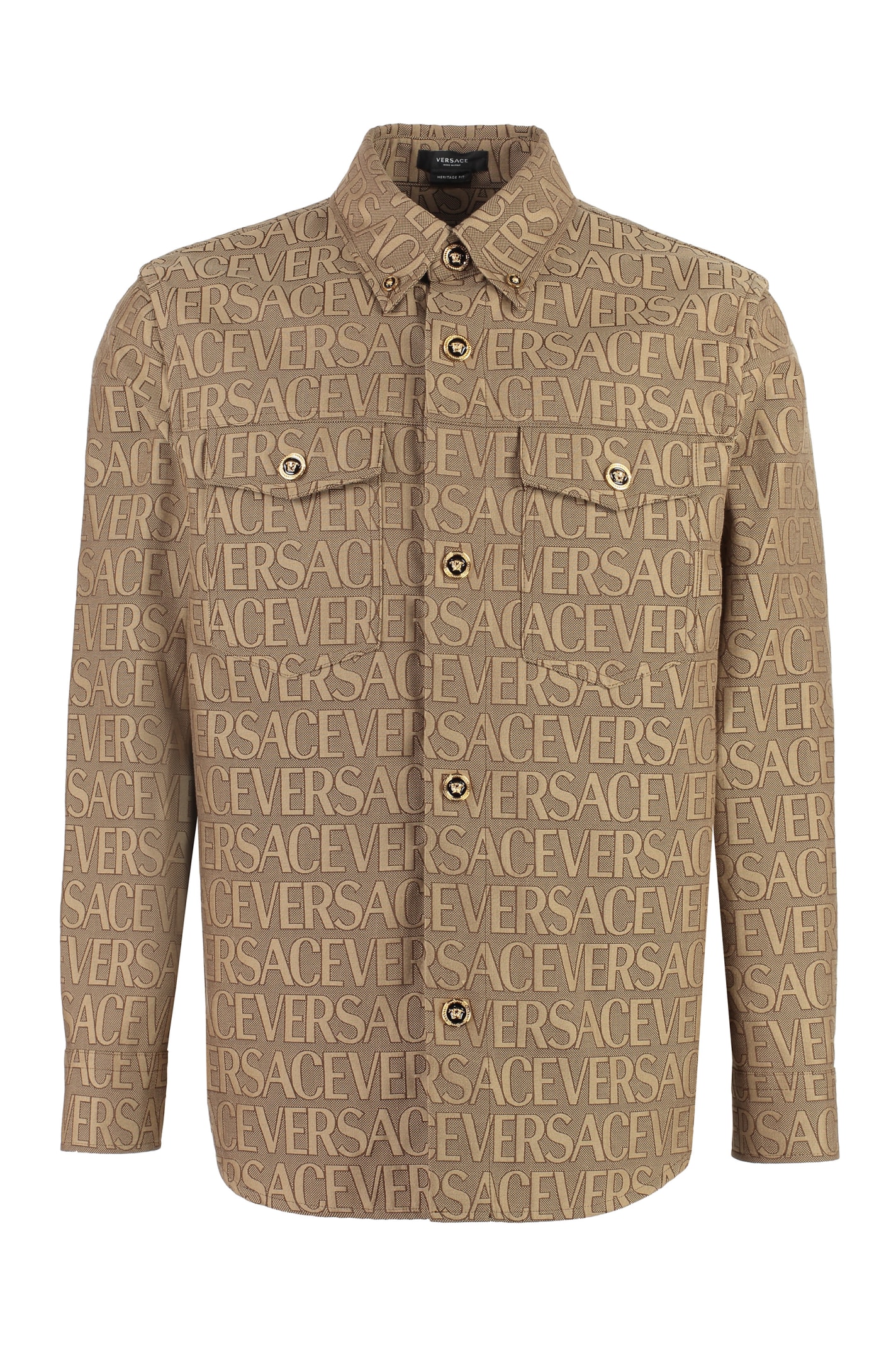 Versace Jacquard Fabric Overshirt With Logo In Brown