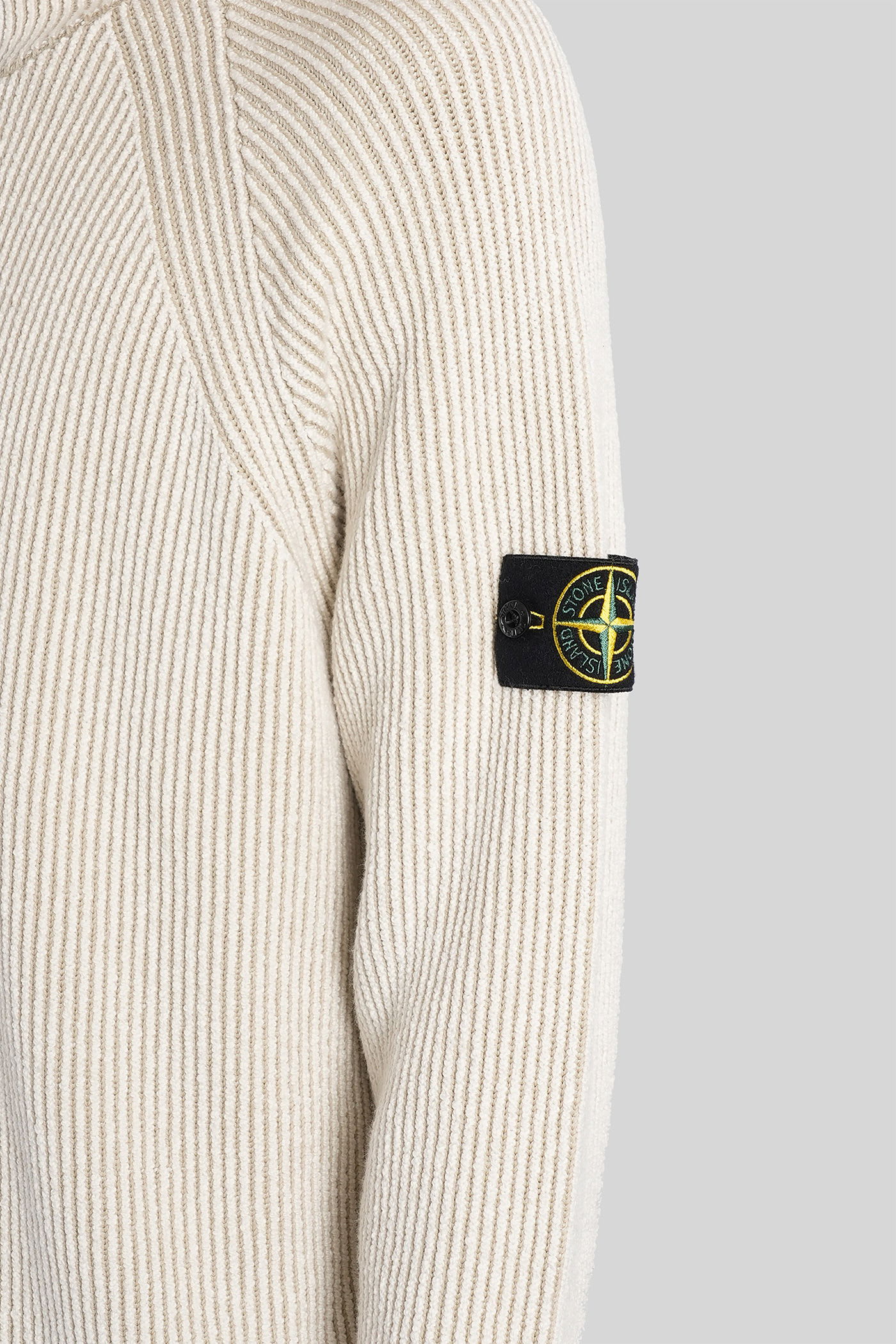 Stone Island White Sweater With Logo Patch On The Sleeve And Front Half Zip Closure In Wool Stretch Man In Neutral