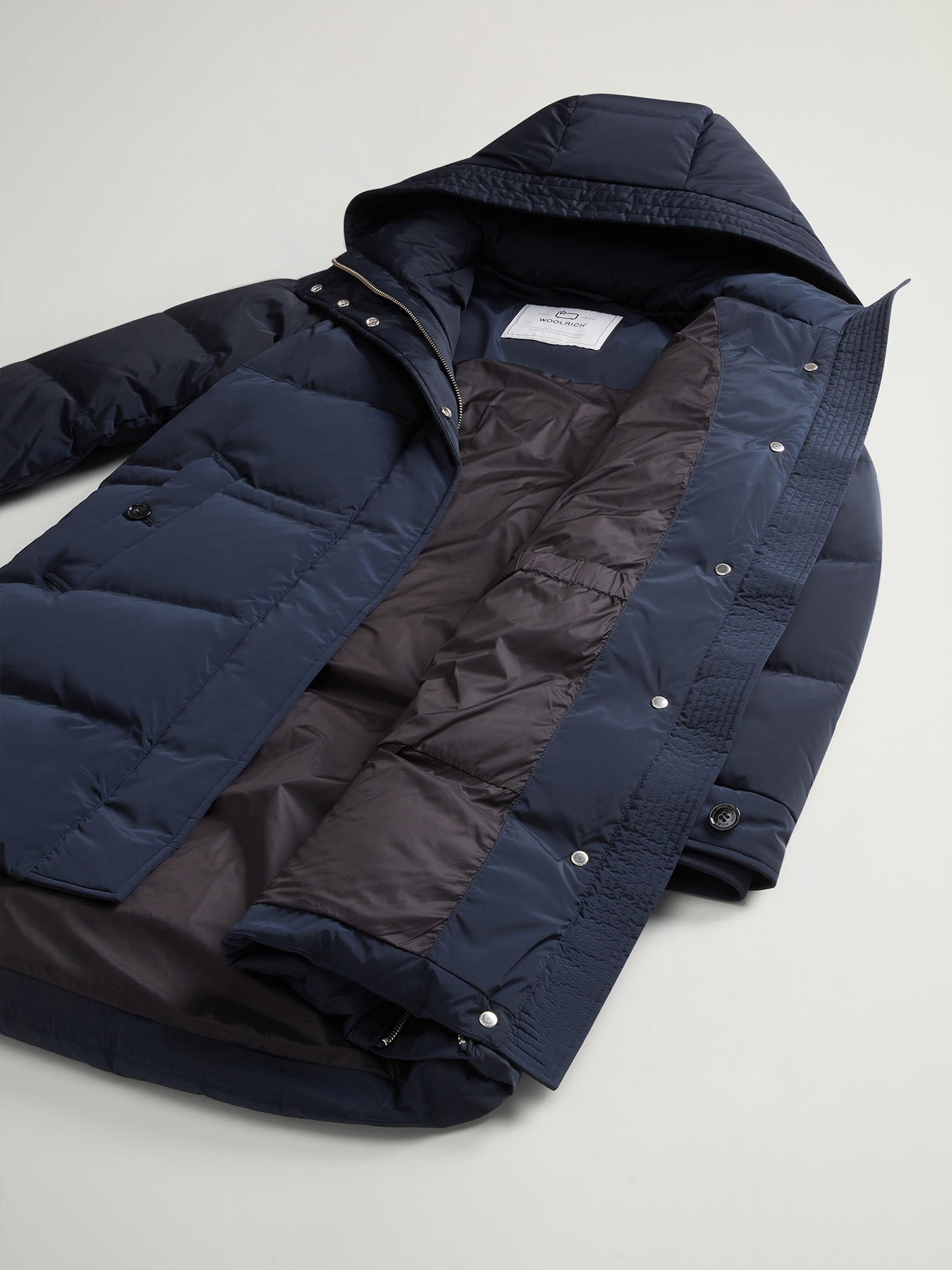 Shop Woolrich Womens Navy Blue Quilted Down Jacket With Hood In Melton Blue