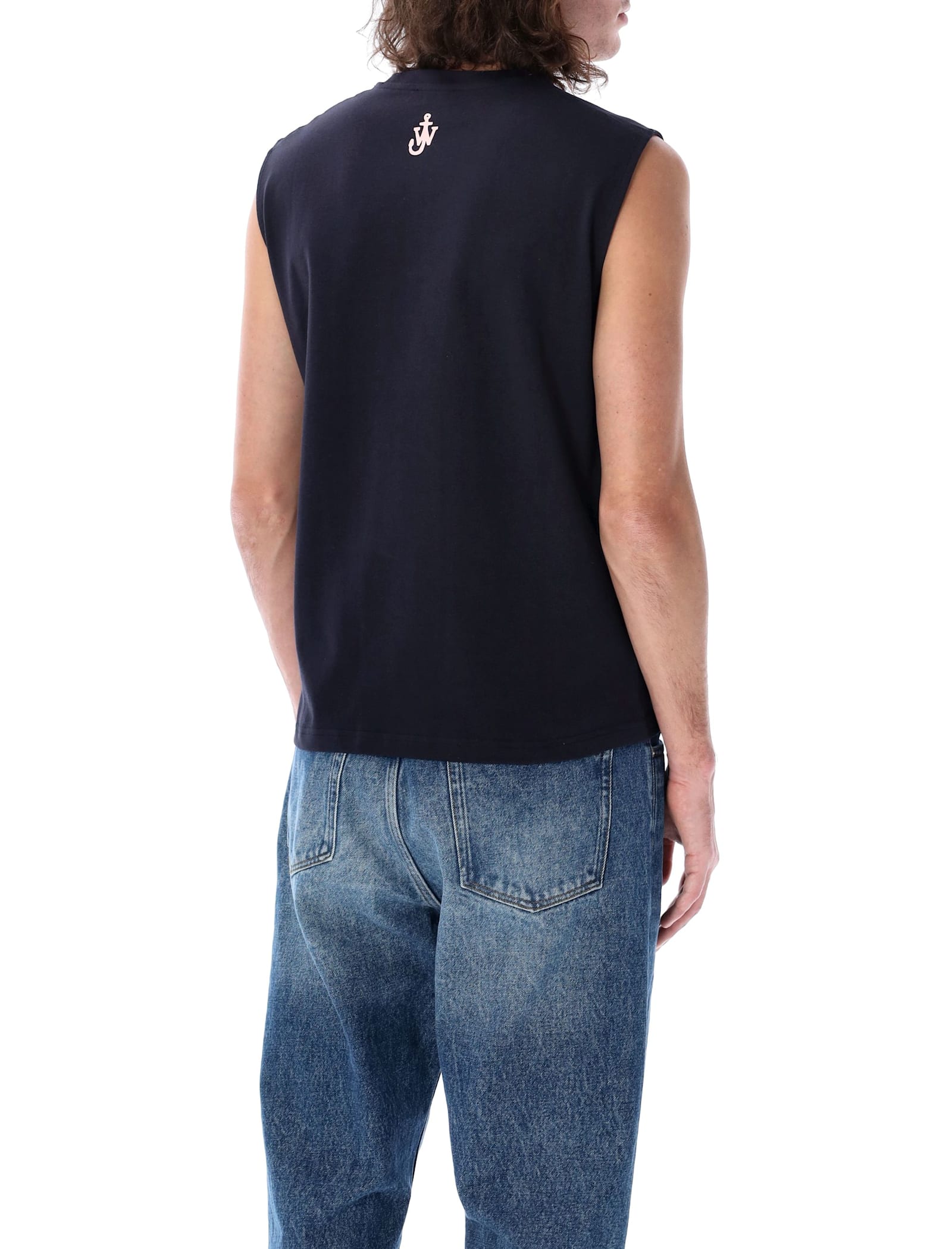 Jw Anderson Blue Sleeveless Top With Maxi Print On The Front And Logo Detail On The Rear In Dark Navy