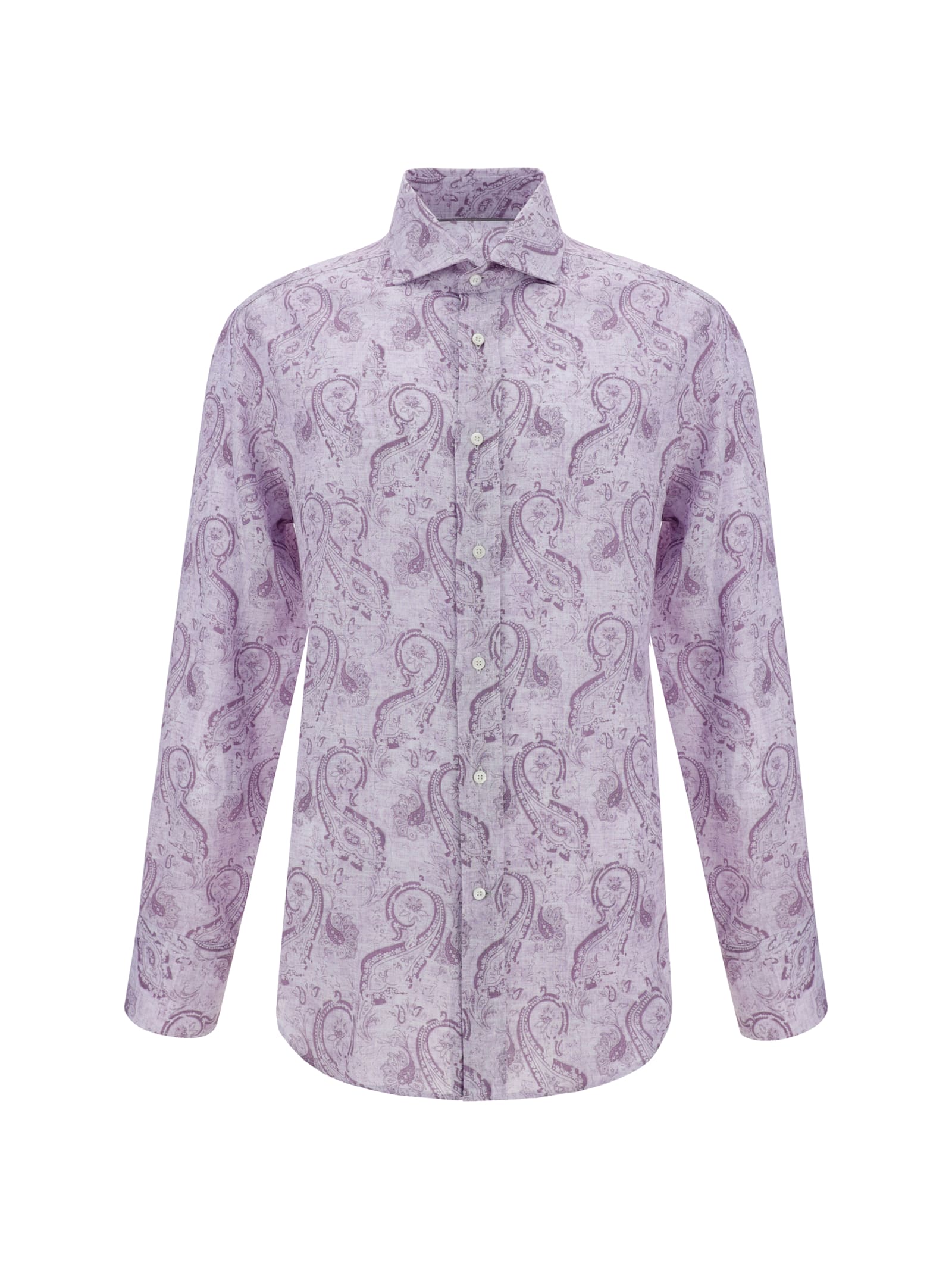 Brunello Cucinelli Linen Shirt Paisley Pattern In Bianco/denim