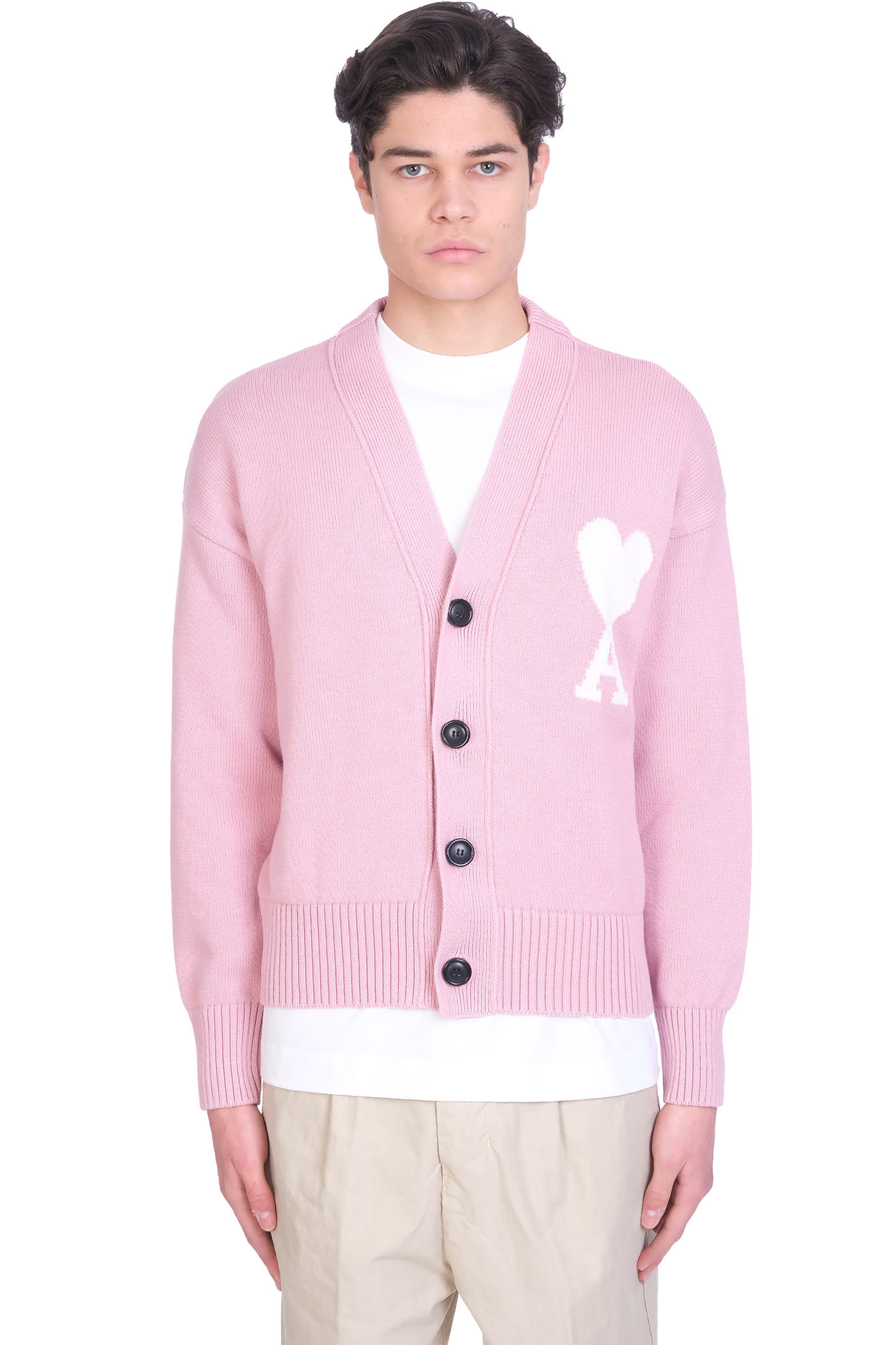 Ami Alexandre Mattiussi Cardigan In Rose-pink Cotton