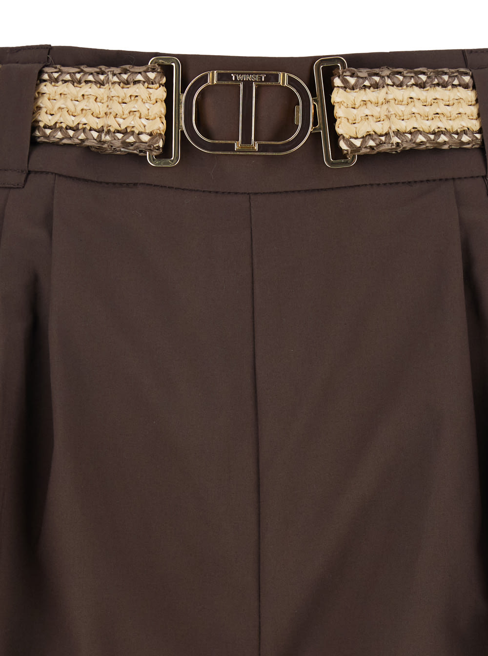 Shop Twinset Brown Shorts With Waist Belt And Metallic Logo Plaque In Cotton Poplin Woman