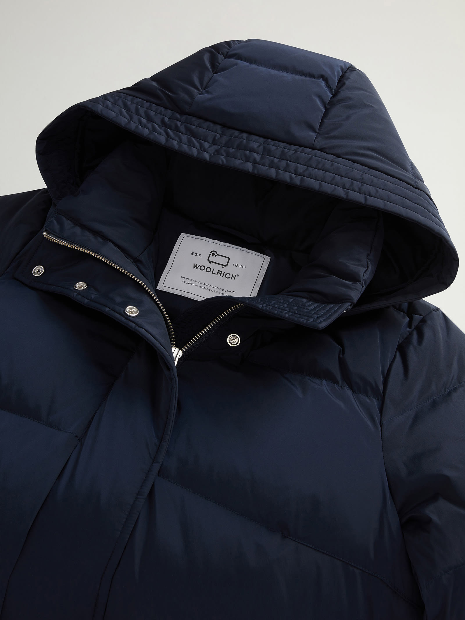 Shop Woolrich Womens Navy Blue Quilted Down Jacket With Hood In Melton Blue