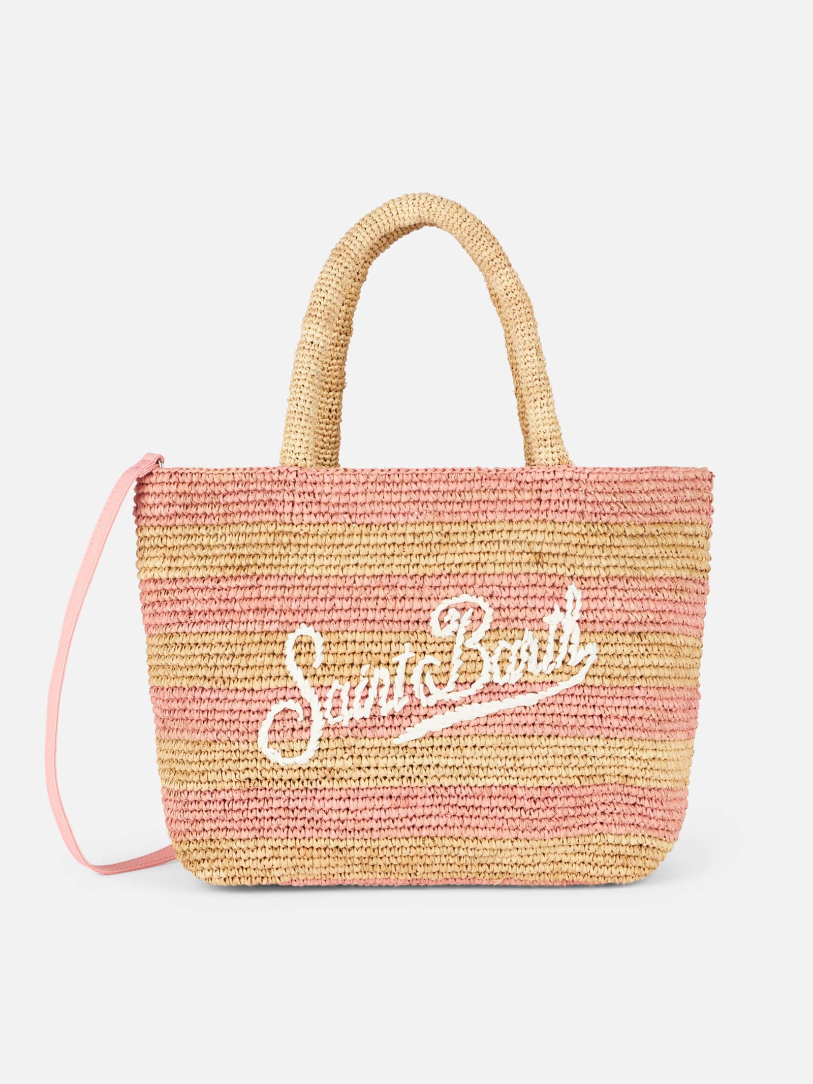 Shop Mc2 Saint Barth Pink Striped Raffia Beach Midi Bag With Cotton Pouch