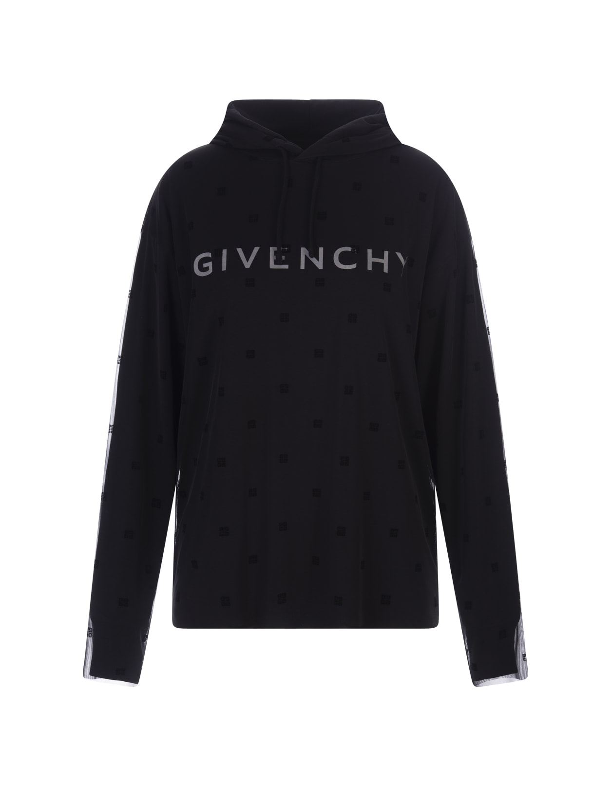 GIVENCHY BLACK OVERLAPPING HOODIE IN 4G TULLE