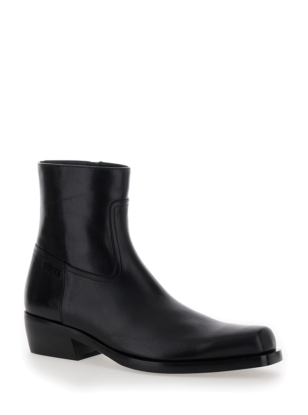 Versace Black Leather Ankle Boots In Black