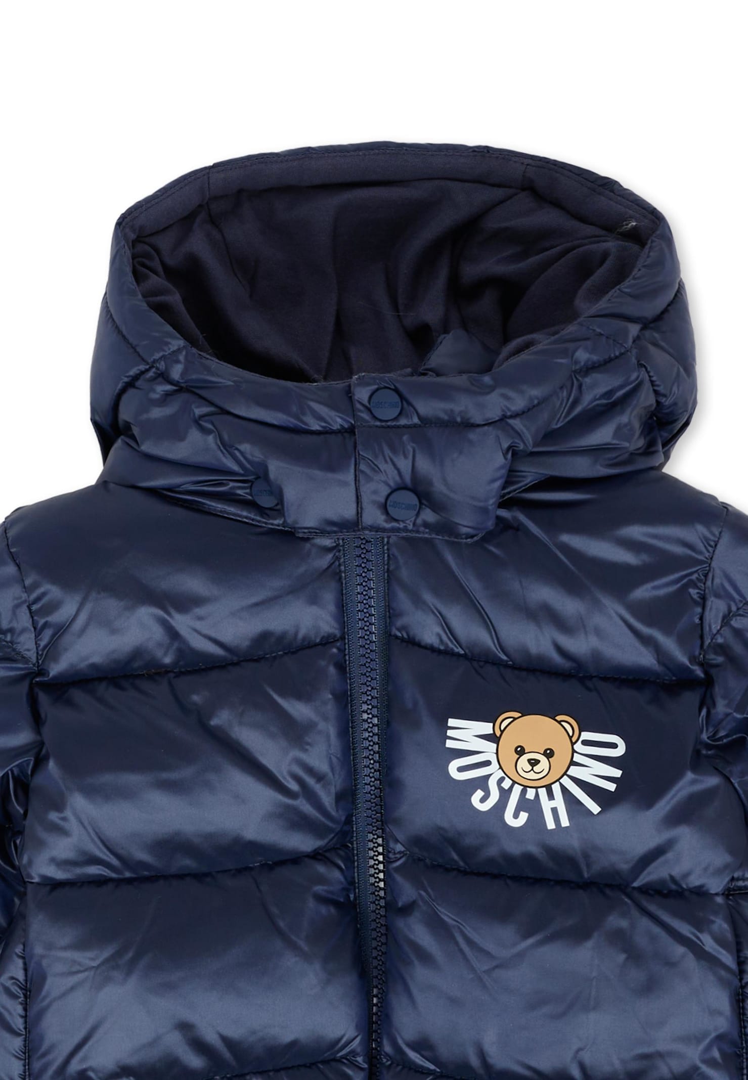 Moschino Blue Down Jacket For Babykids With Teddy Bear In Blue