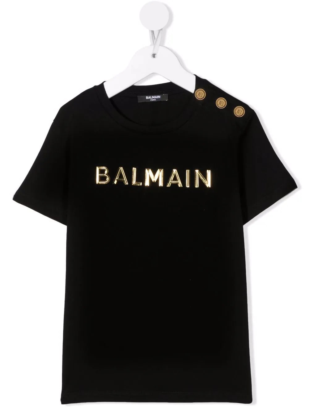 Balmain Kids Black T-shirt With Buttons And Golden Metallic Logo