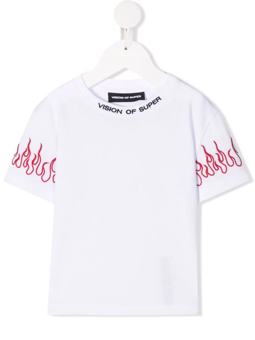 Vision of Super Unisex Kid White T-shirt With Embroidered Red Flames