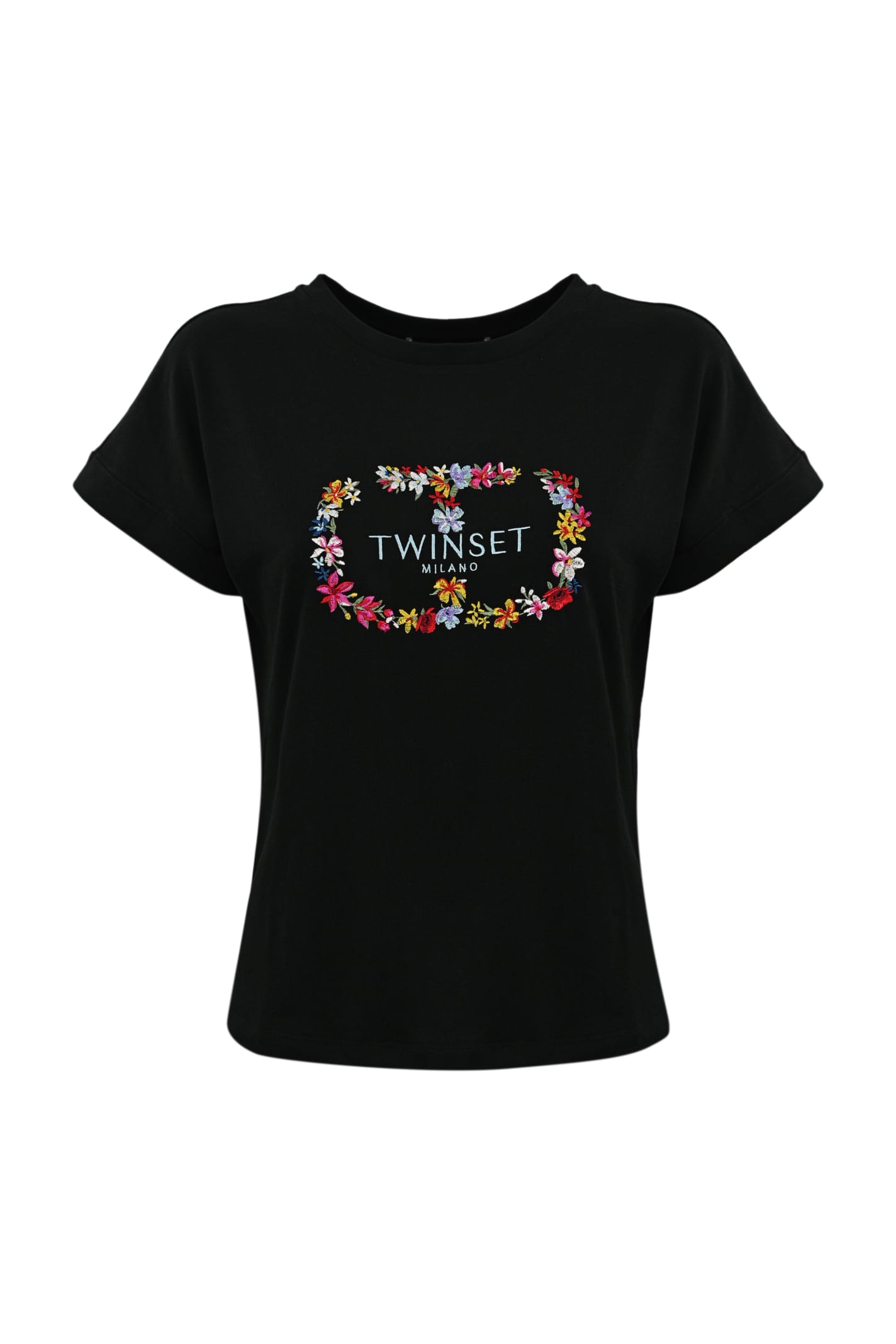 Twinset T-shirt With Floral Embroidery In Nero