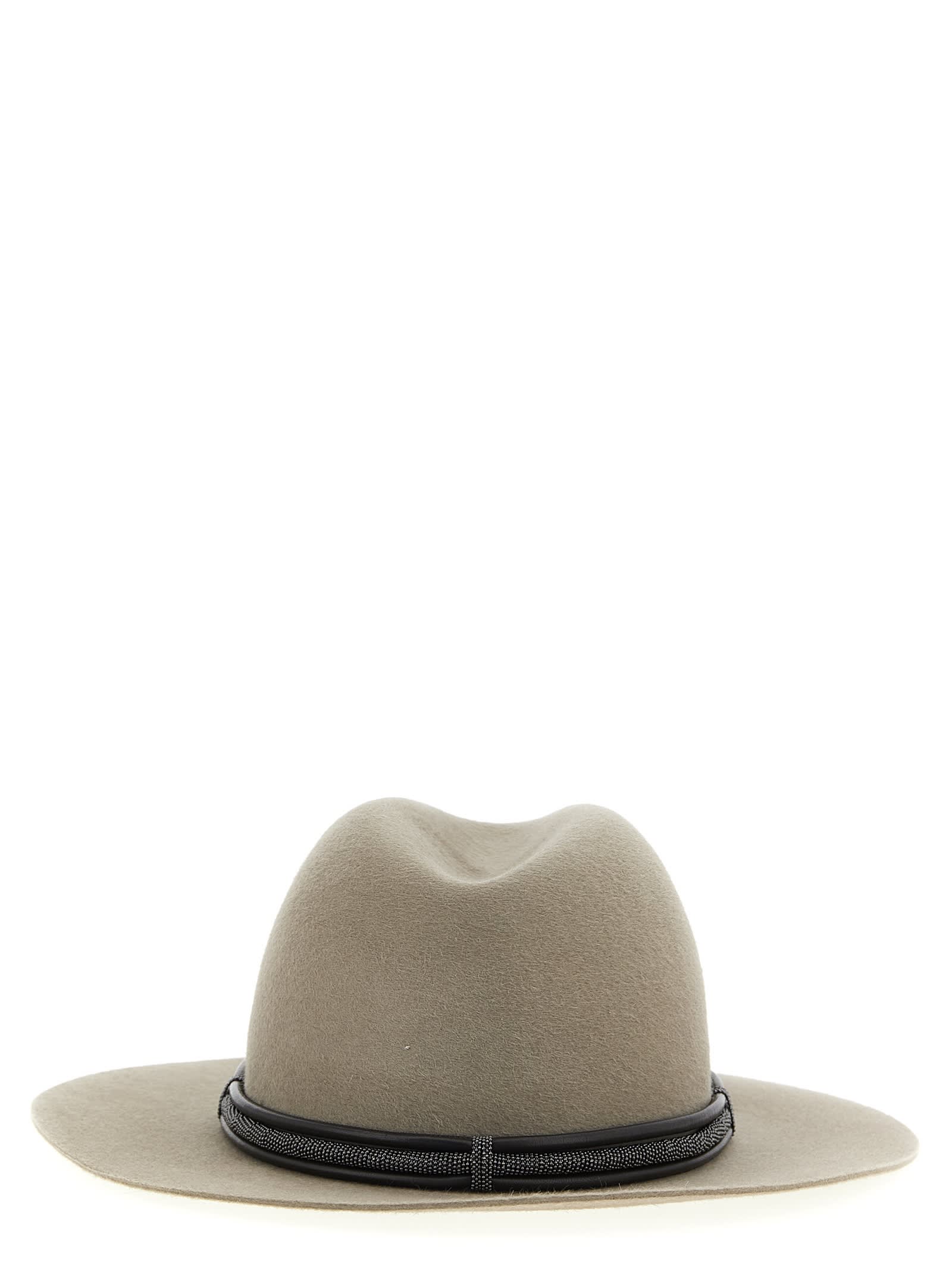 Brunello Cucinelli Fedora Hat With Tubular Leather Band And Monile Detail In Neutral