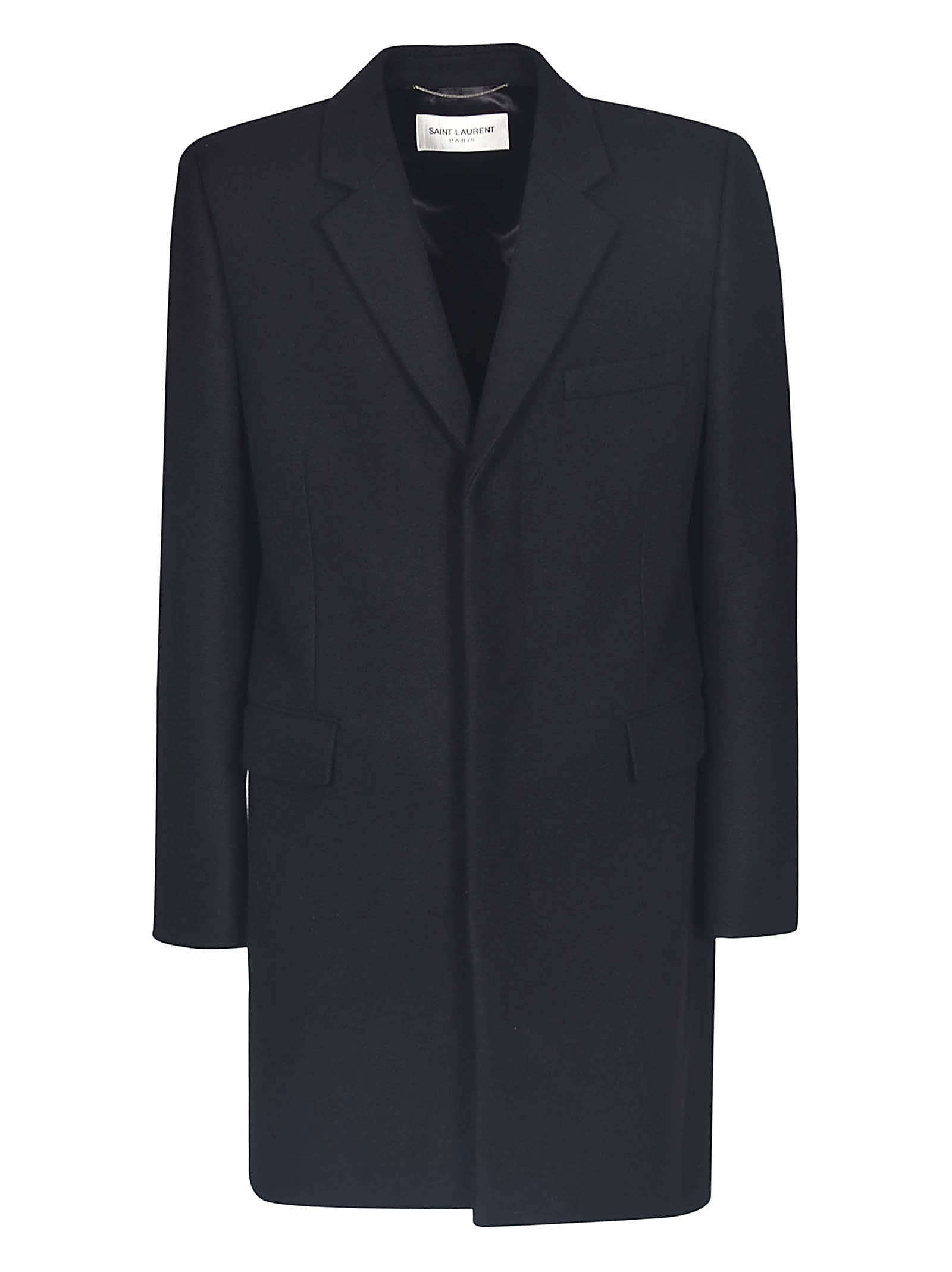 Saint Laurent Single-breasted Mid-length Concealed Coat In Black