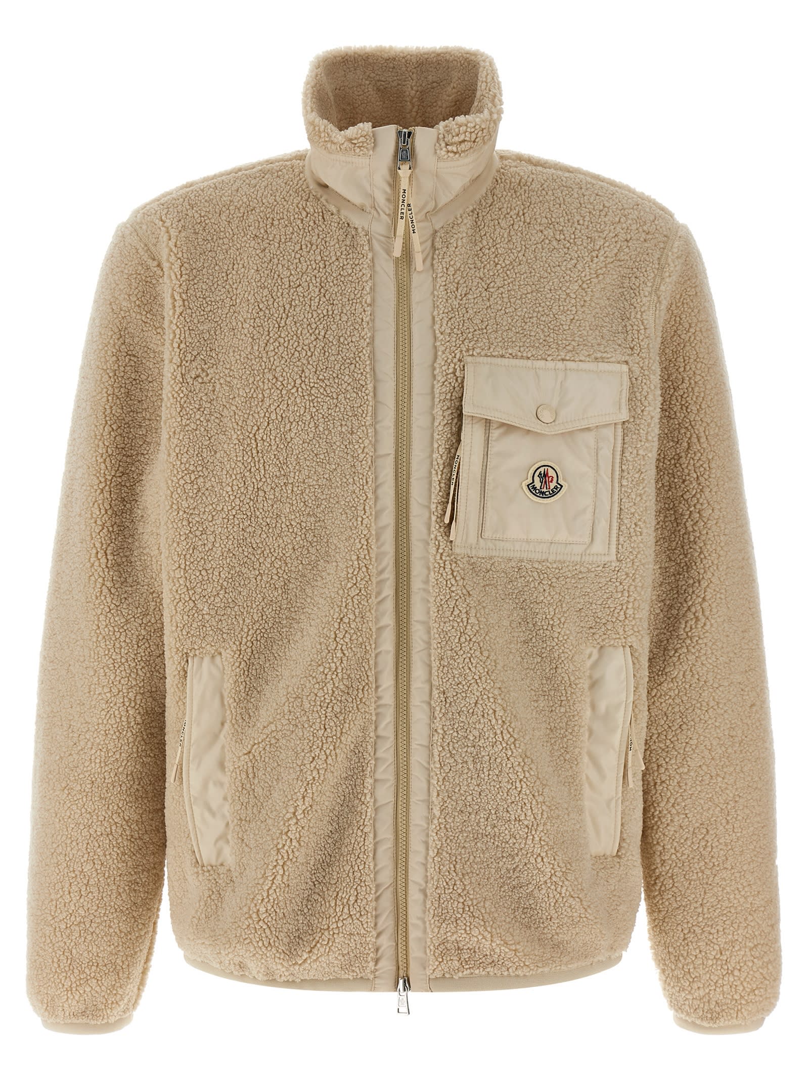 Moncler Teddy Zip-up Sweatshirt With Nylon Pocket In Neutral