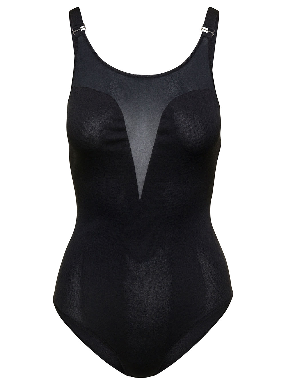 Shop Alexander Mcqueen Black Body-suit With Mesh Details And Adjustable Strap In Silk Blend Woman