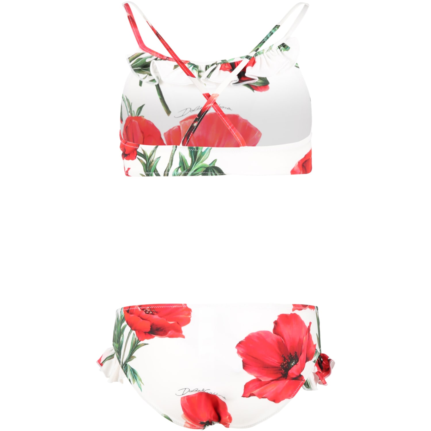 Shop Dolce & Gabbana White Bikini For Girl With Flowers And Logo