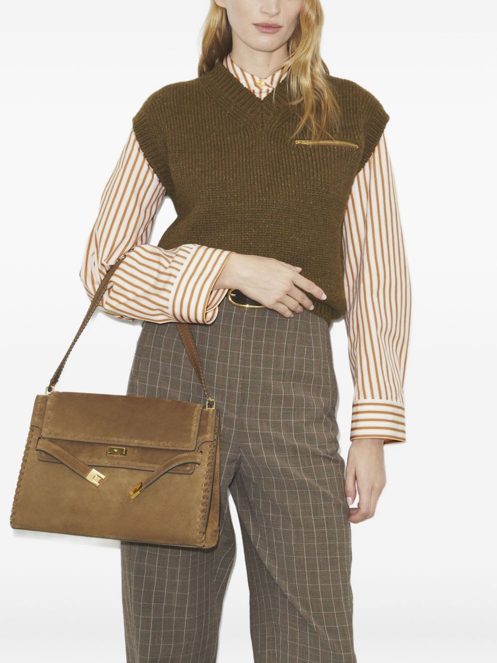 Tory Burch Lee Radziwill Suede Leather Shoulder Bag In Brown