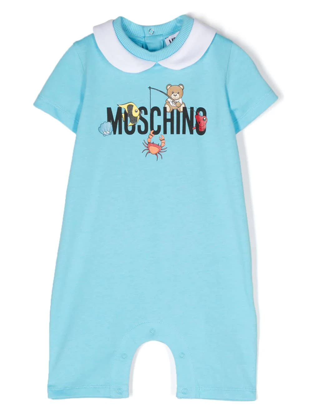 Shop Moschino Short Light Blue Playsuit With Logo And Teddy Bear With Fish